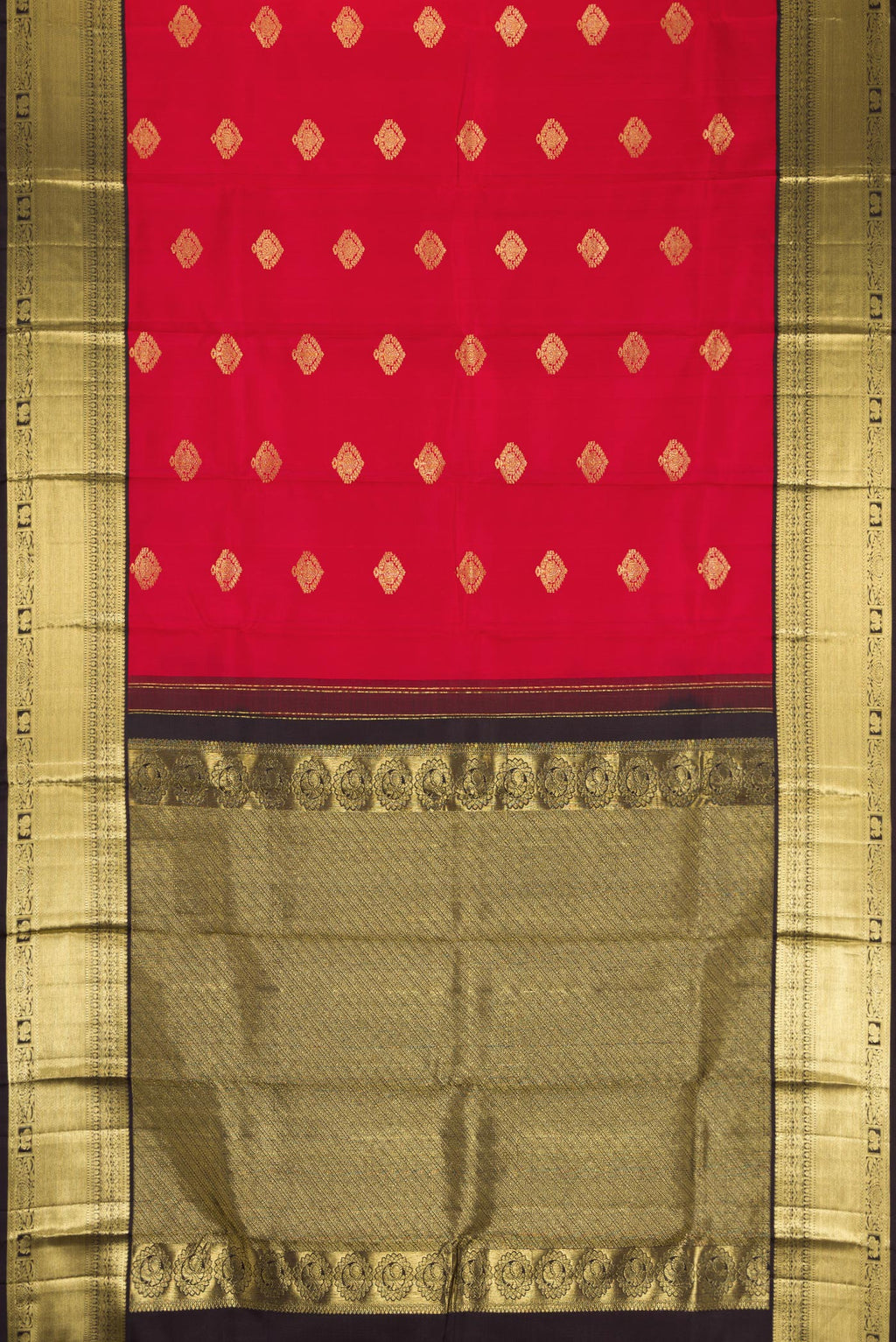 Flat view of Maroon Dual Tone Kanjivaram Silk Saree with Zari Butta on the body and Fancy Border. 