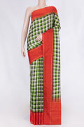 Green,Black and Beige Color Kanchipuram Silk Saree with Checked design on the body and Zari Border displayed on a mannequin
