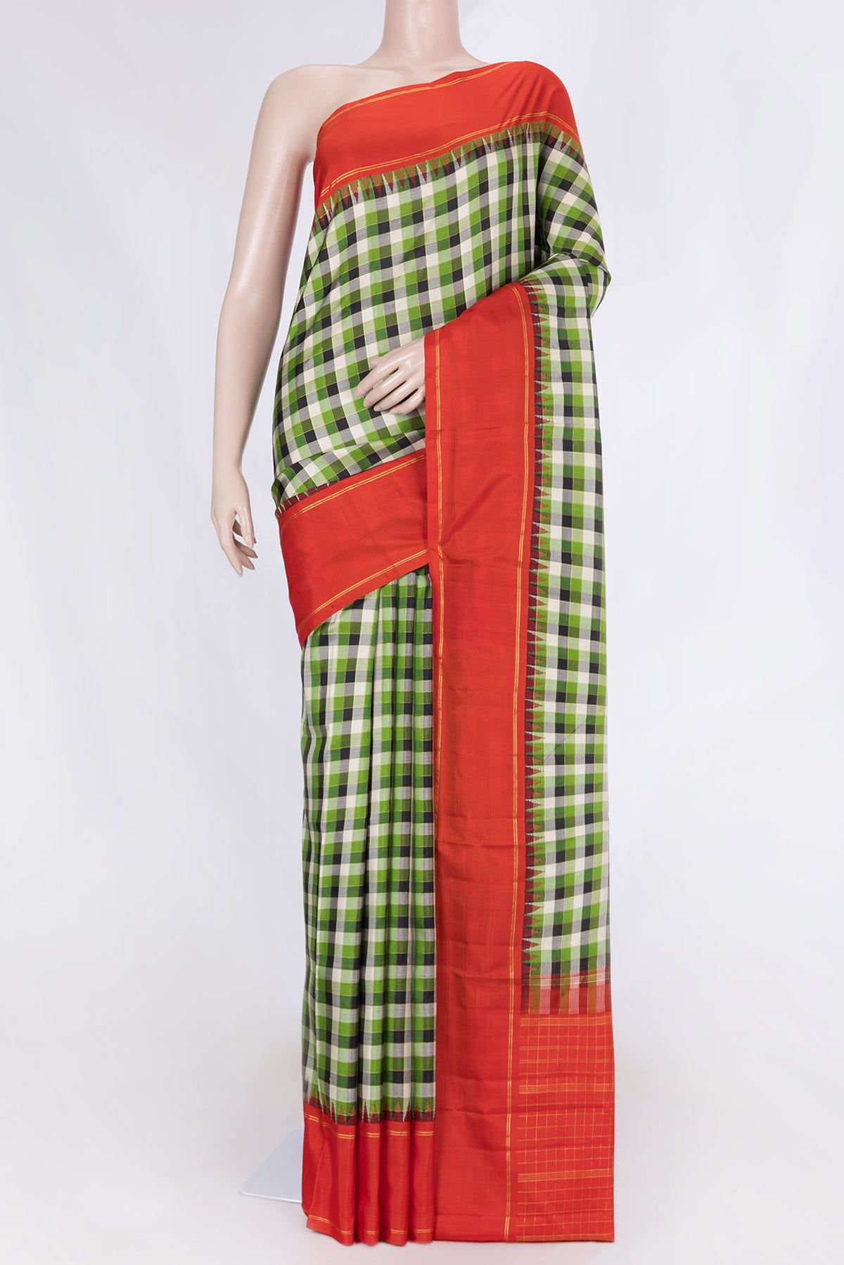 Green,Black and Beige Color Kanchipuram Silk Saree with Checked design on the body and Zari Border displayed on a mannequin