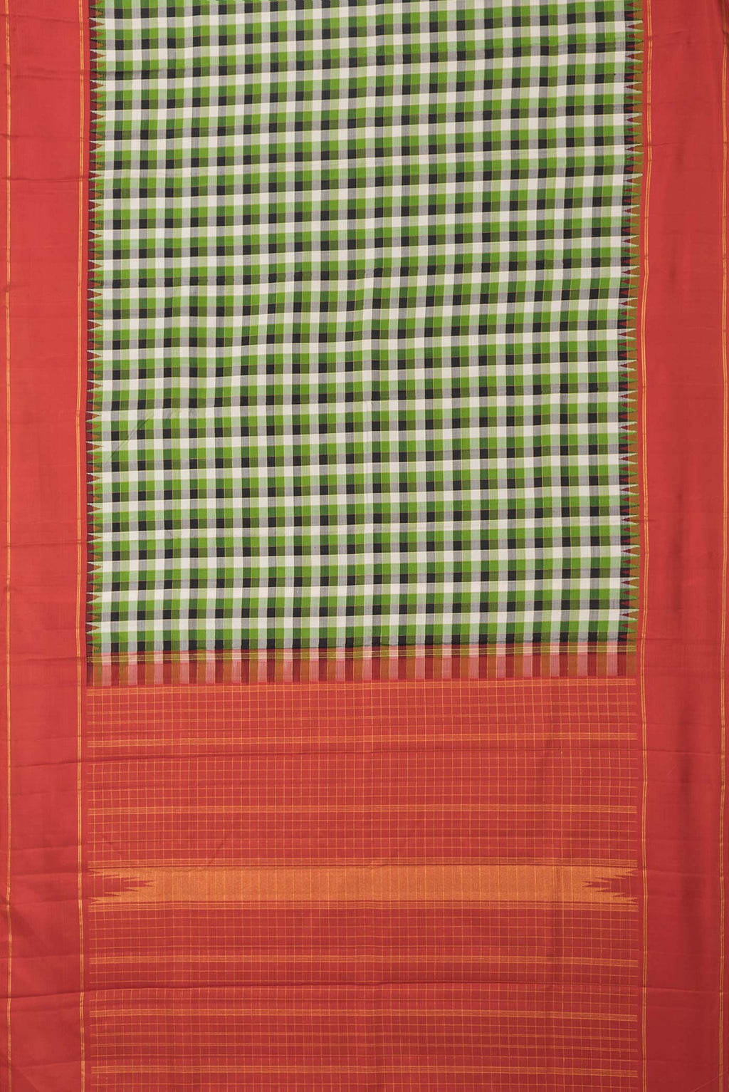 Flat view of Green,Black and Beige Color Kanchipuram Silk Saree with Checked design on the body and Zari Border
