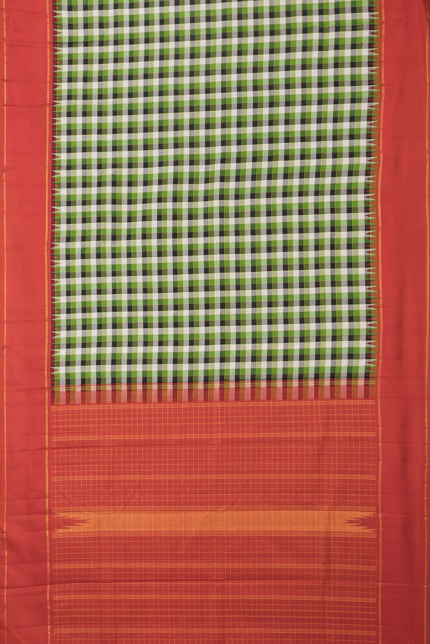Flat view of Green,Black and Beige Color Kanchipuram Silk Saree with Checked design on the body and Zari Border
