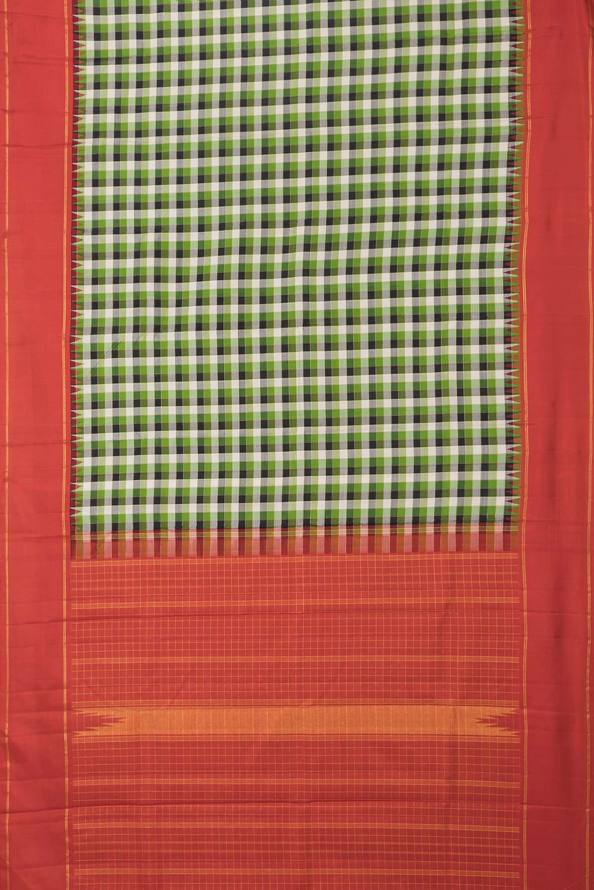 Flat view of Green,Black and Beige Color Kanchipuram Silk Saree with Checked design on the body and Zari Border