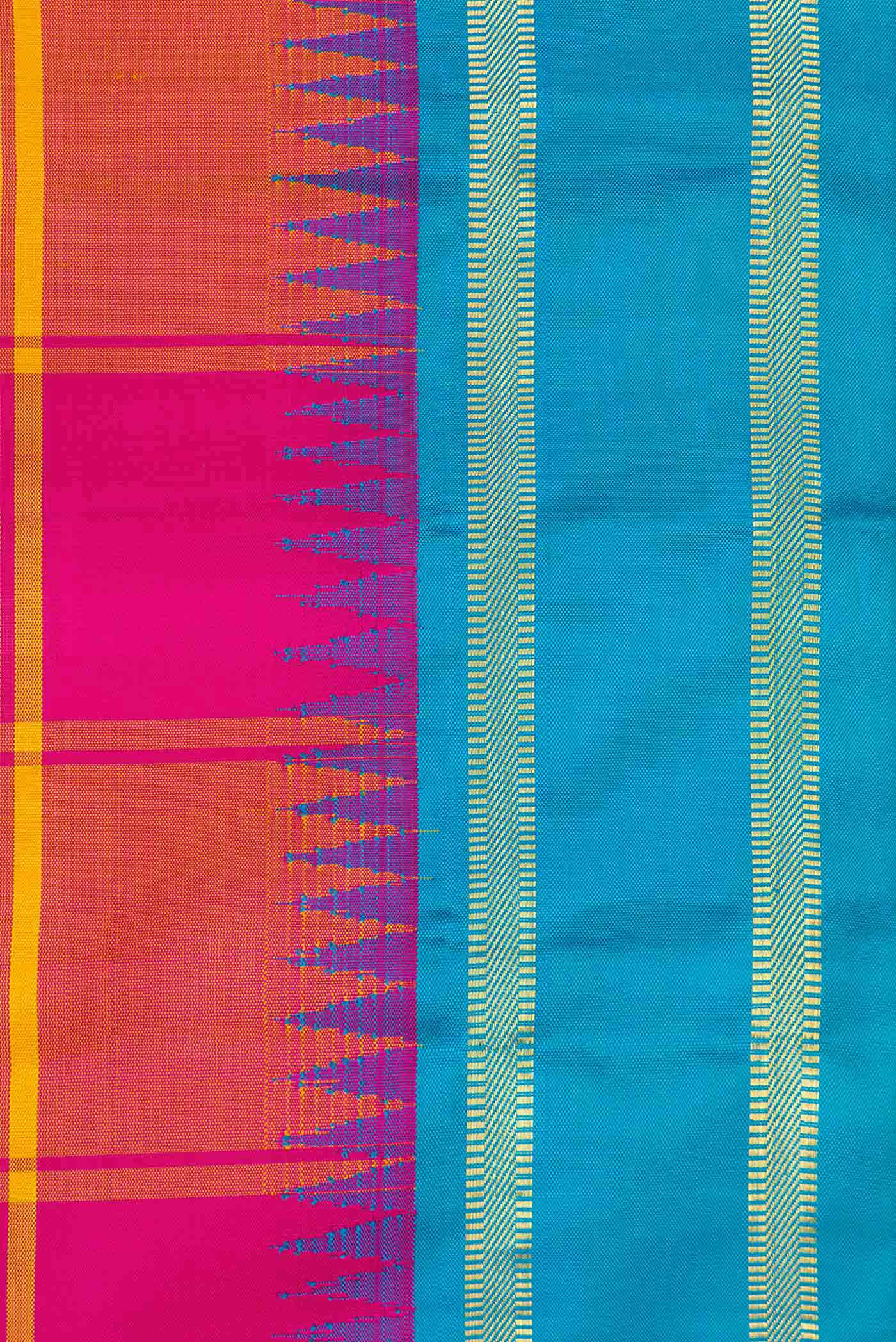 Border image of Pure Silk Pure Zari Yellow and Pink Color Kanchipuram Saree with Checked design on the body and Zari Border