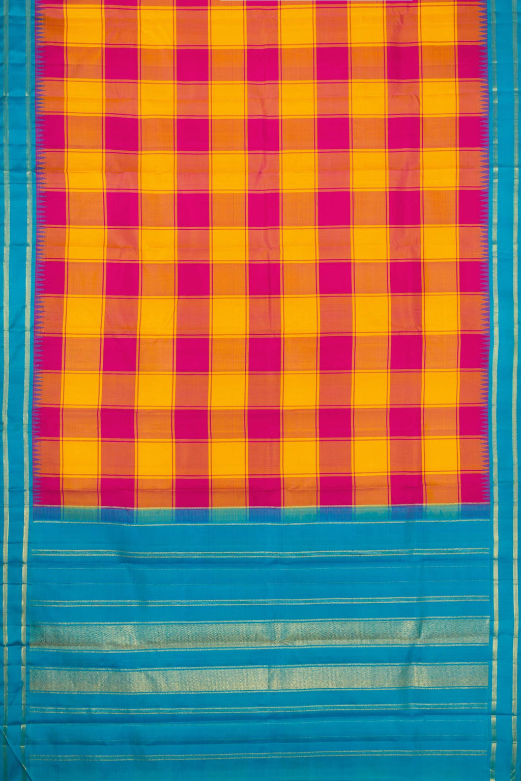 Flat view of Pure Silk Pure Zari Yellow and Pink Color Kanchipuram Saree with Checked design on the body and Zari Border