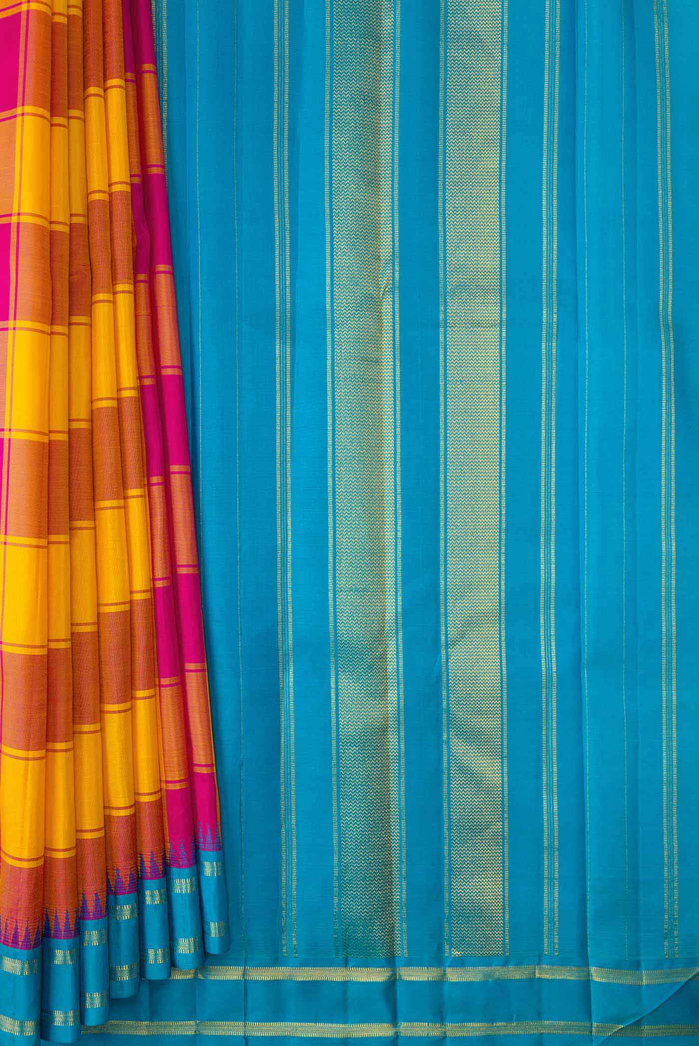 Pleats and pallu of Pure Silk Pure Zari Yellow and Pink Color Kanchipuram Saree with Checked design on the body and Zari Border