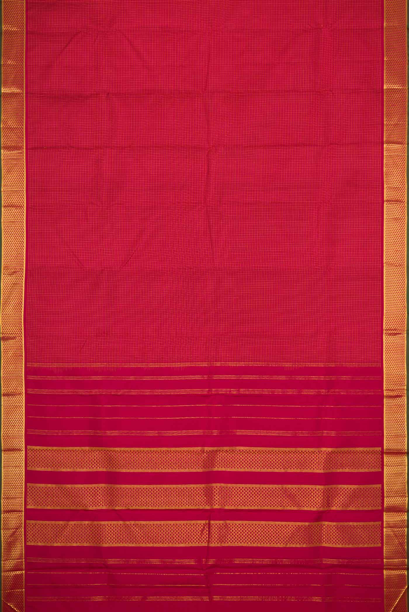 Flat view of Maroon Dual Tone Kanchipuram Silk Saree with Checked design on the body and Zari Border