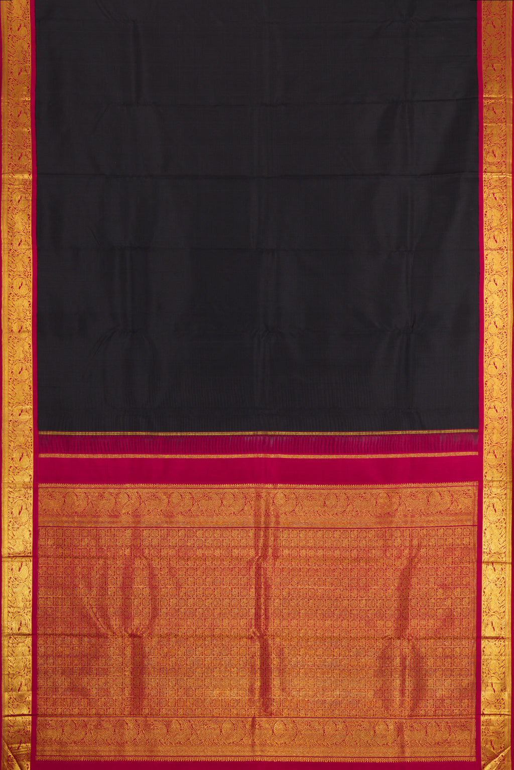 Flat view of Black Kanjivaram Silk Saree with Plain Body and Zari Border. 