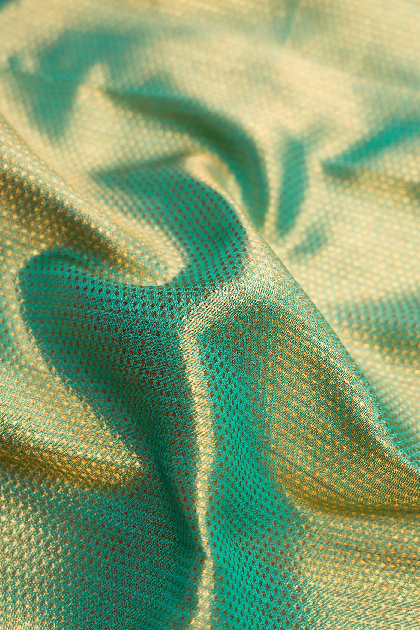 Close up of Mehandi Green Dual Tone Kanchipuram Silk Saree with Zari Brocade on the body and Fancy Border.  displaying folds