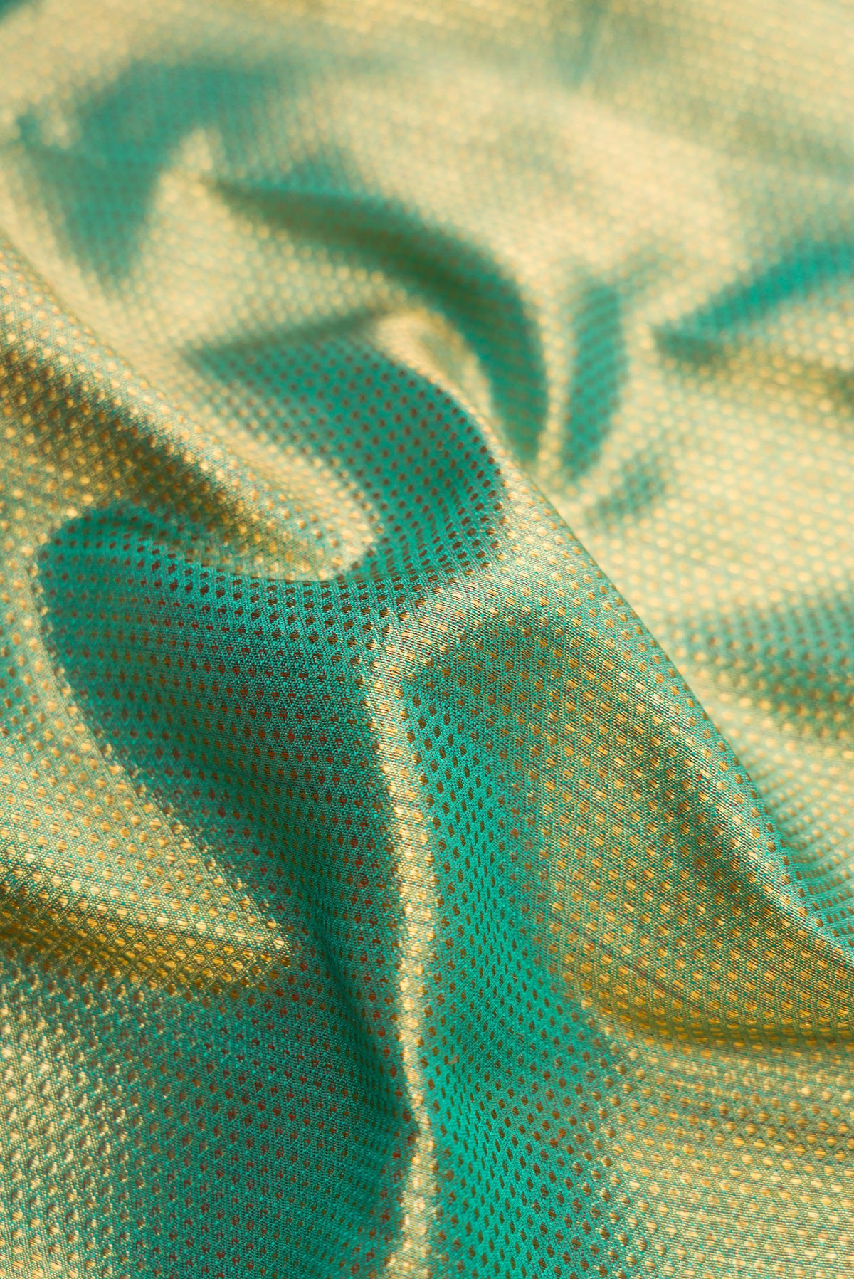 Close up of Mehandi Green Dual Tone Kanchipuram Silk Saree with Zari Brocade on the body and Fancy Border.  displaying folds