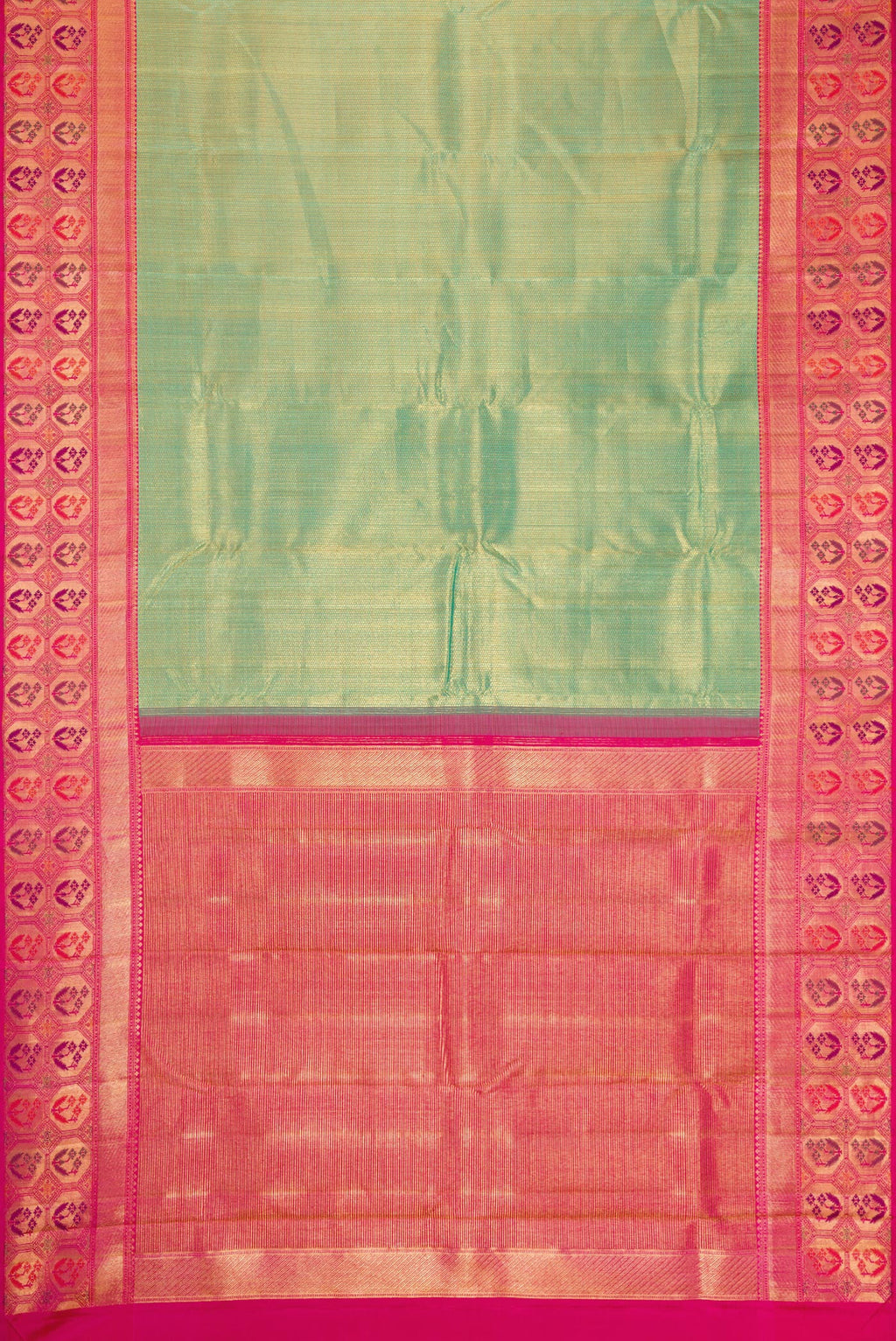 Flat view of Mehandi Green Dual Tone Kanchipuram Silk Saree with Zari Brocade on the body and Fancy Border. 