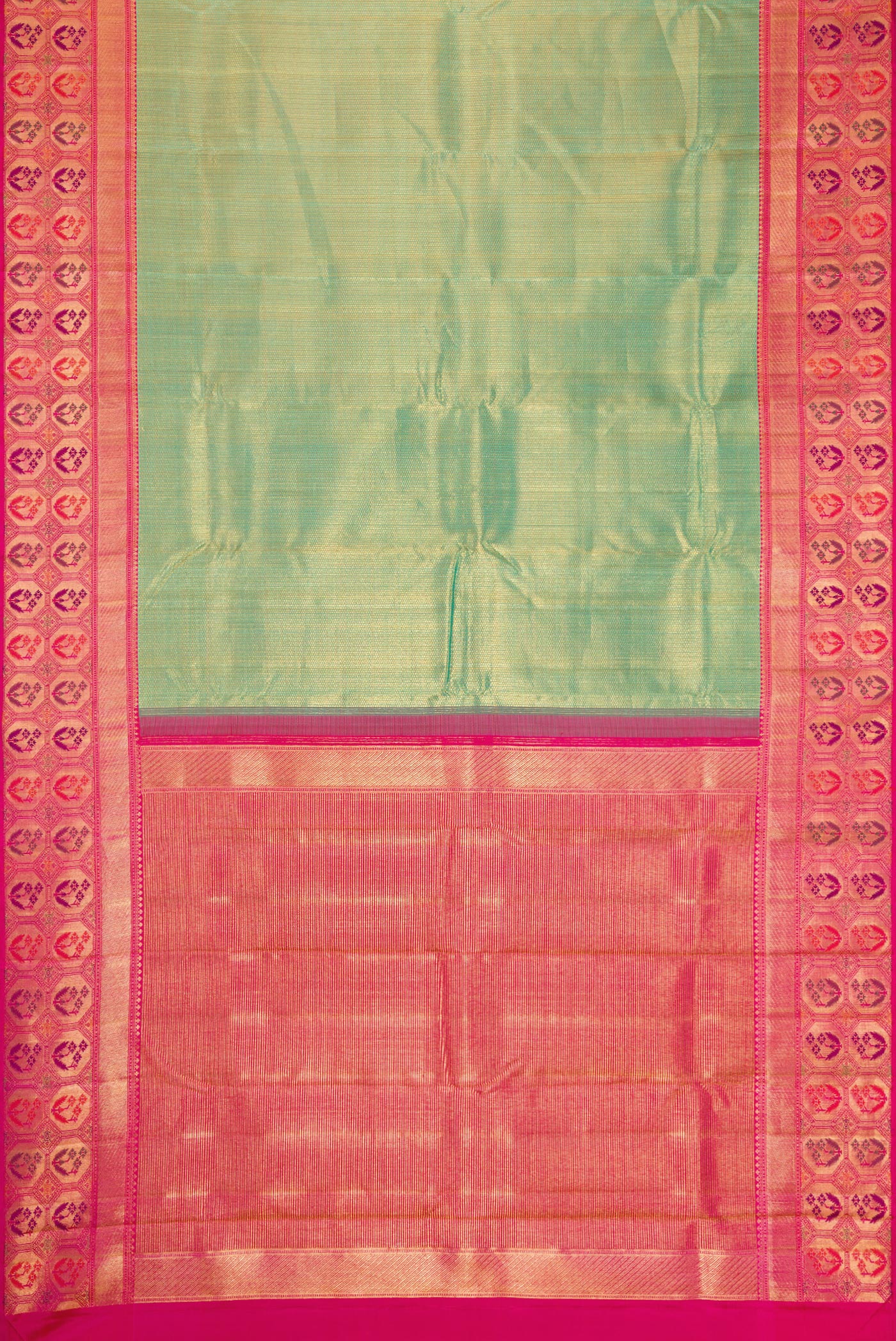 Flat view of Mehandi Green Dual Tone Kanchipuram Silk Saree with Zari Brocade on the body and Fancy Border. 