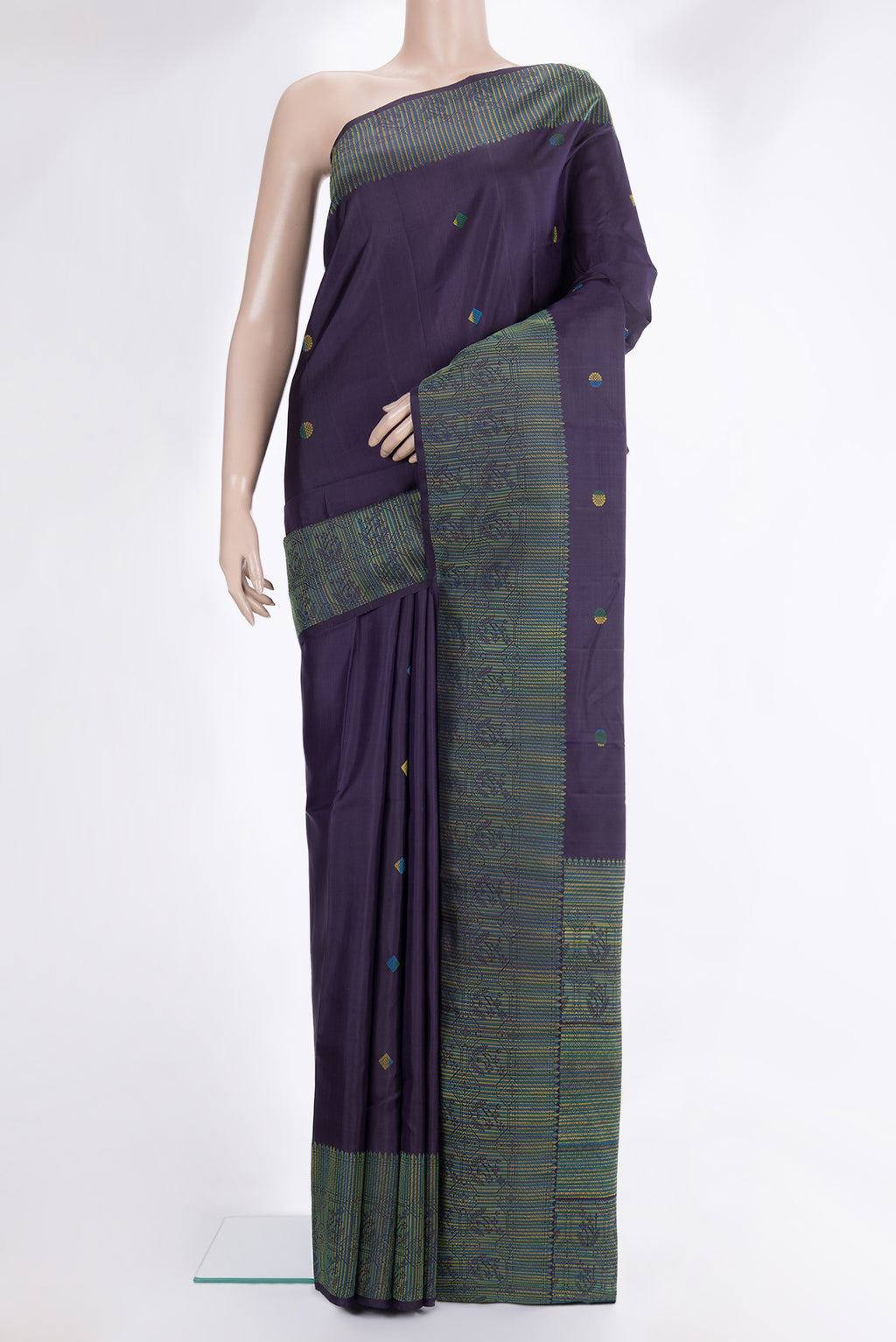 Pure Silk Navy Blue Kanjivaram Saree with Thread Butta on the body and Thread Border.  displayed on a mannequin