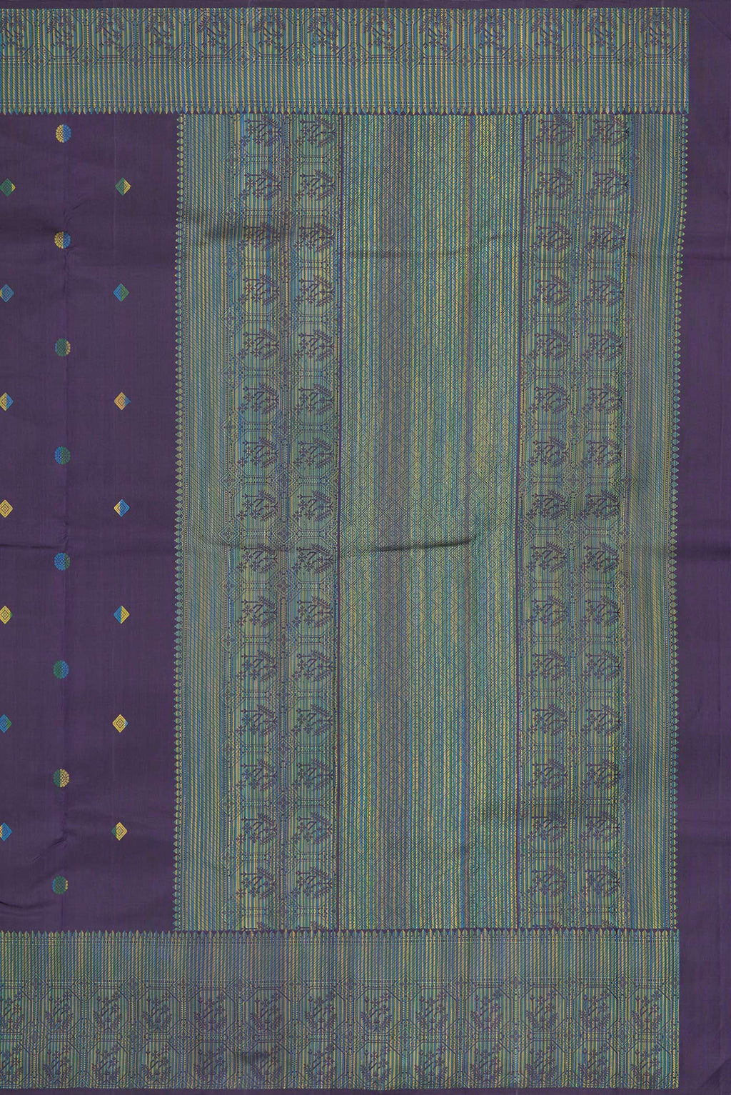 Close up image of the pallu of Pure Silk Navy Blue Kanjivaram Saree with Thread Butta on the body and Thread Border. 