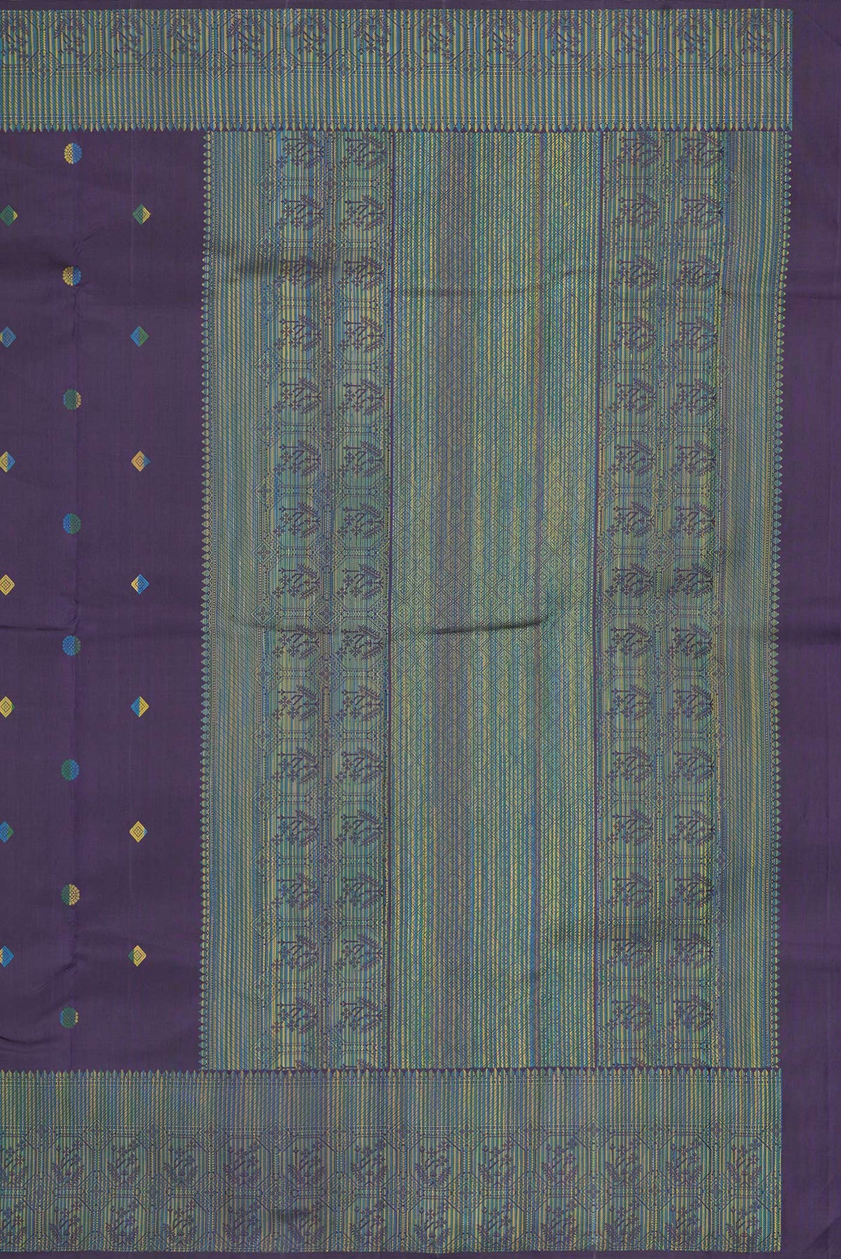 Close up image of the pallu of Pure Silk Navy Blue Kanjivaram Saree with Thread Butta on the body and Thread Border. 