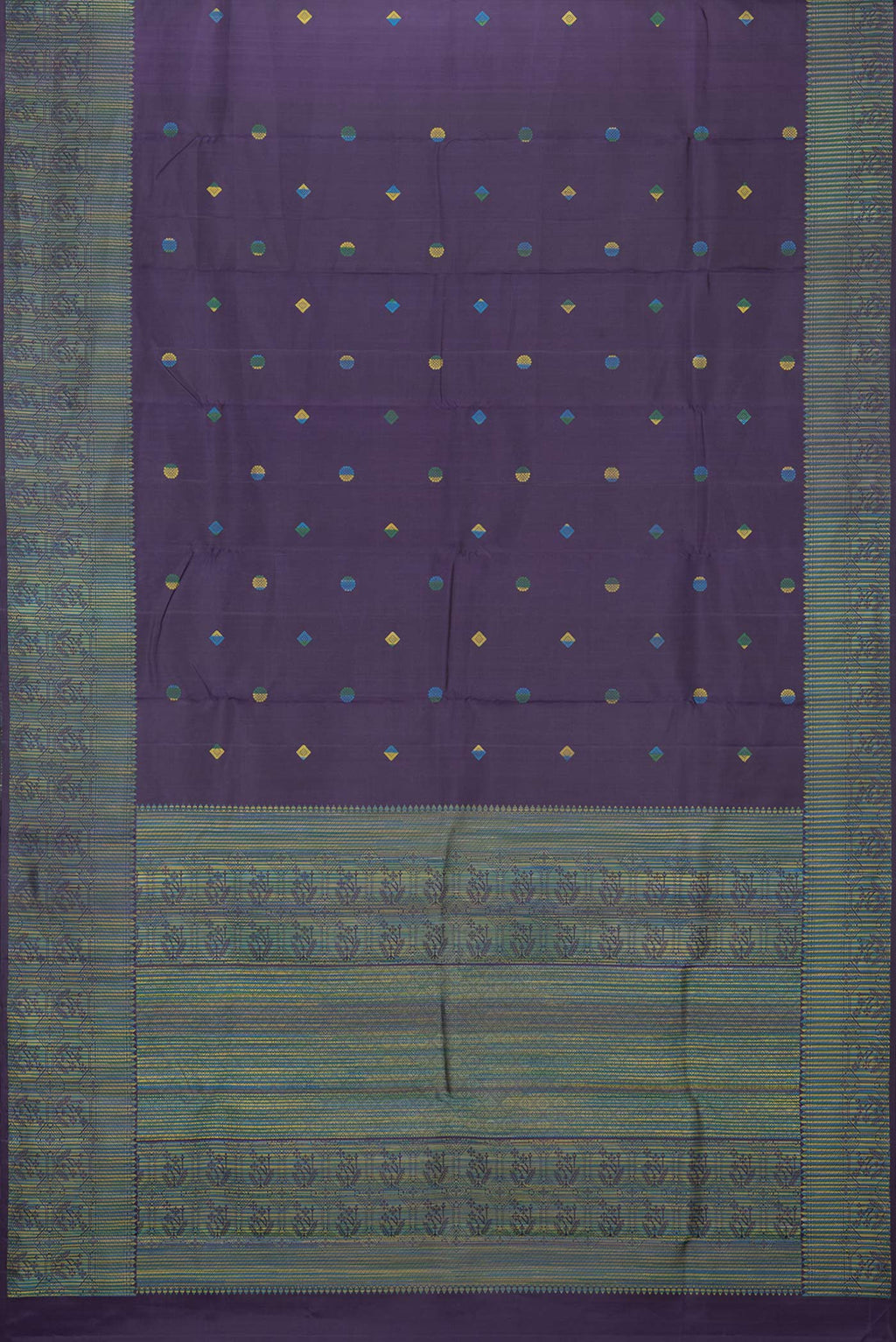 Flat view of Pure Silk Navy Blue Kanjivaram Saree with Thread Butta on the body and Thread Border. 