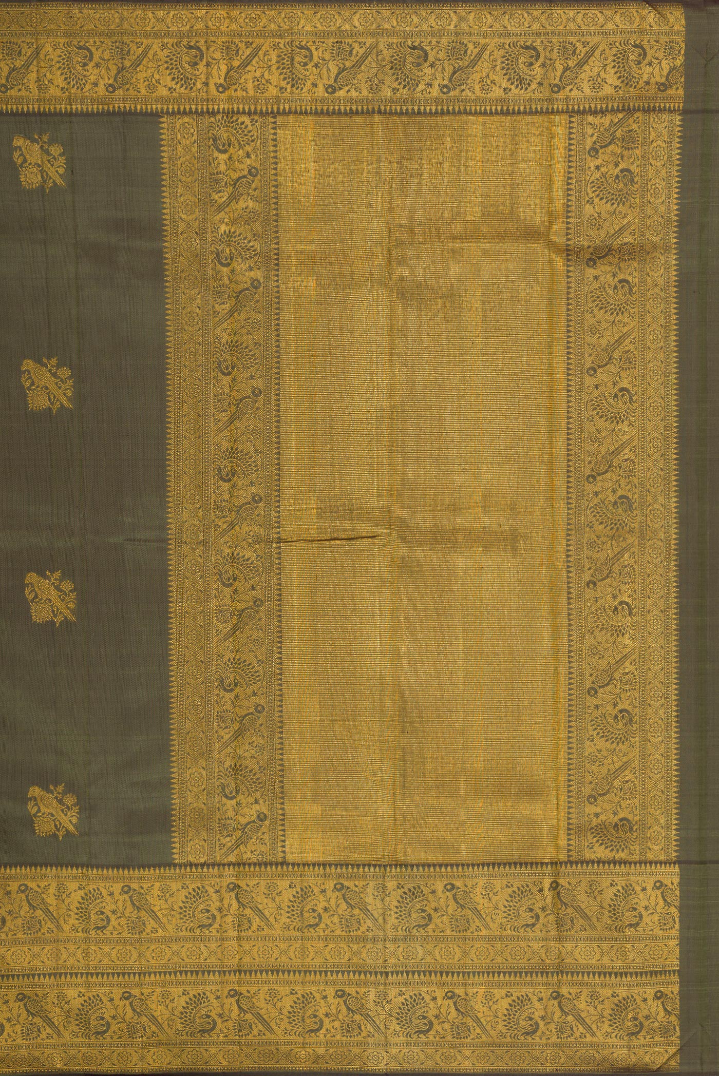 Close up image of the pallu of Mehandi Green Dual Tone Kanjivaram Silk Saree with Zari Butta on the body and Fancy Border. 