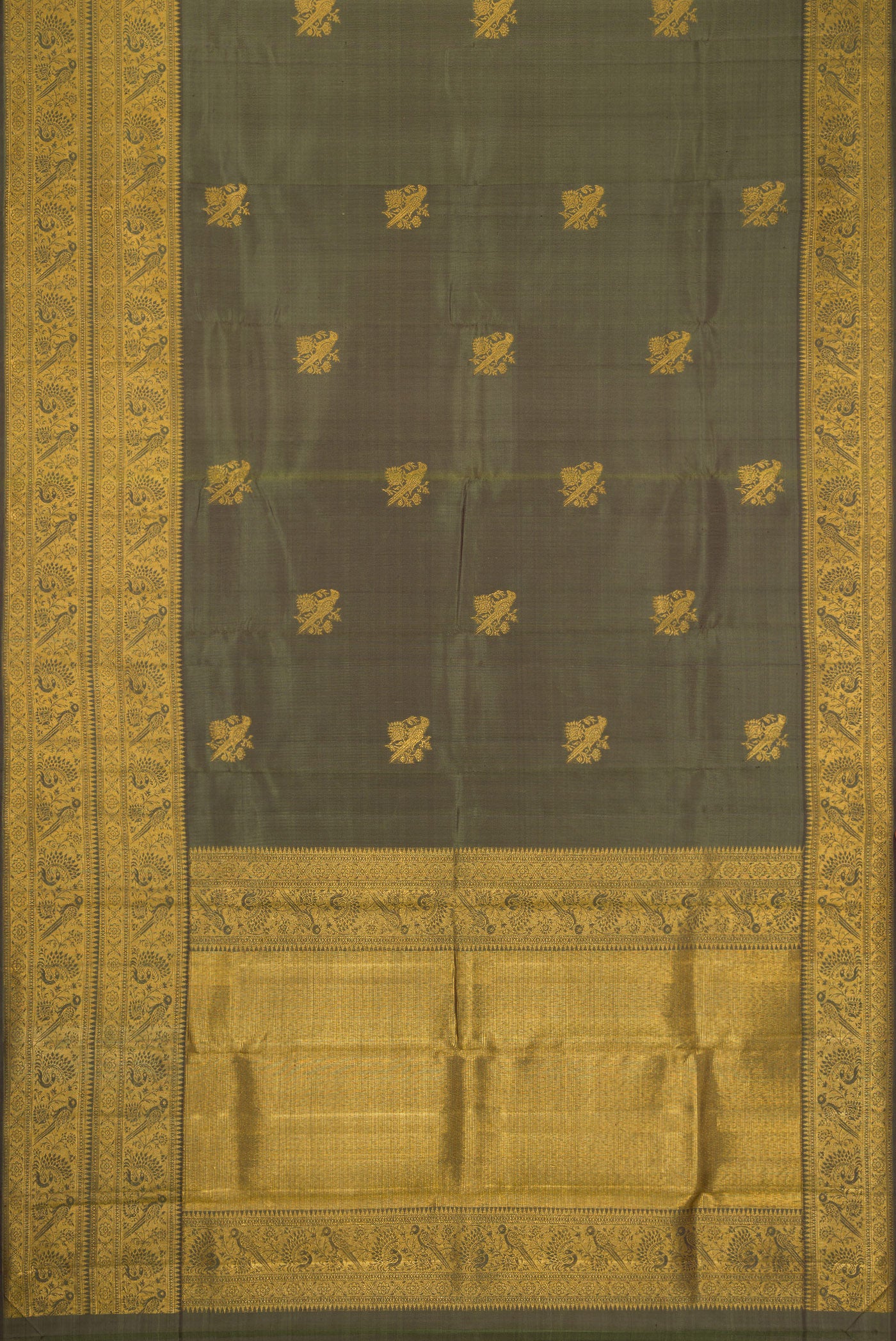 Flat view of Mehandi Green Dual Tone Kanjivaram Silk Saree with Zari Butta on the body and Fancy Border. 