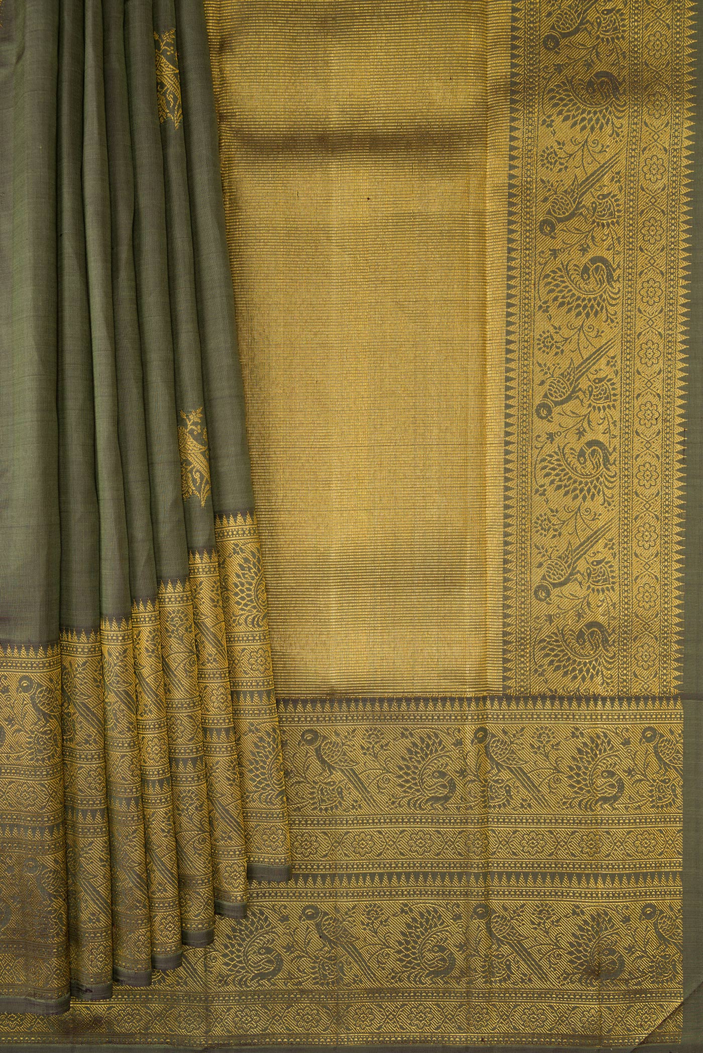 Pleats and pallu of Mehandi Green Dual Tone Kanjivaram Silk Saree with Zari Butta on the body and Fancy Border. 