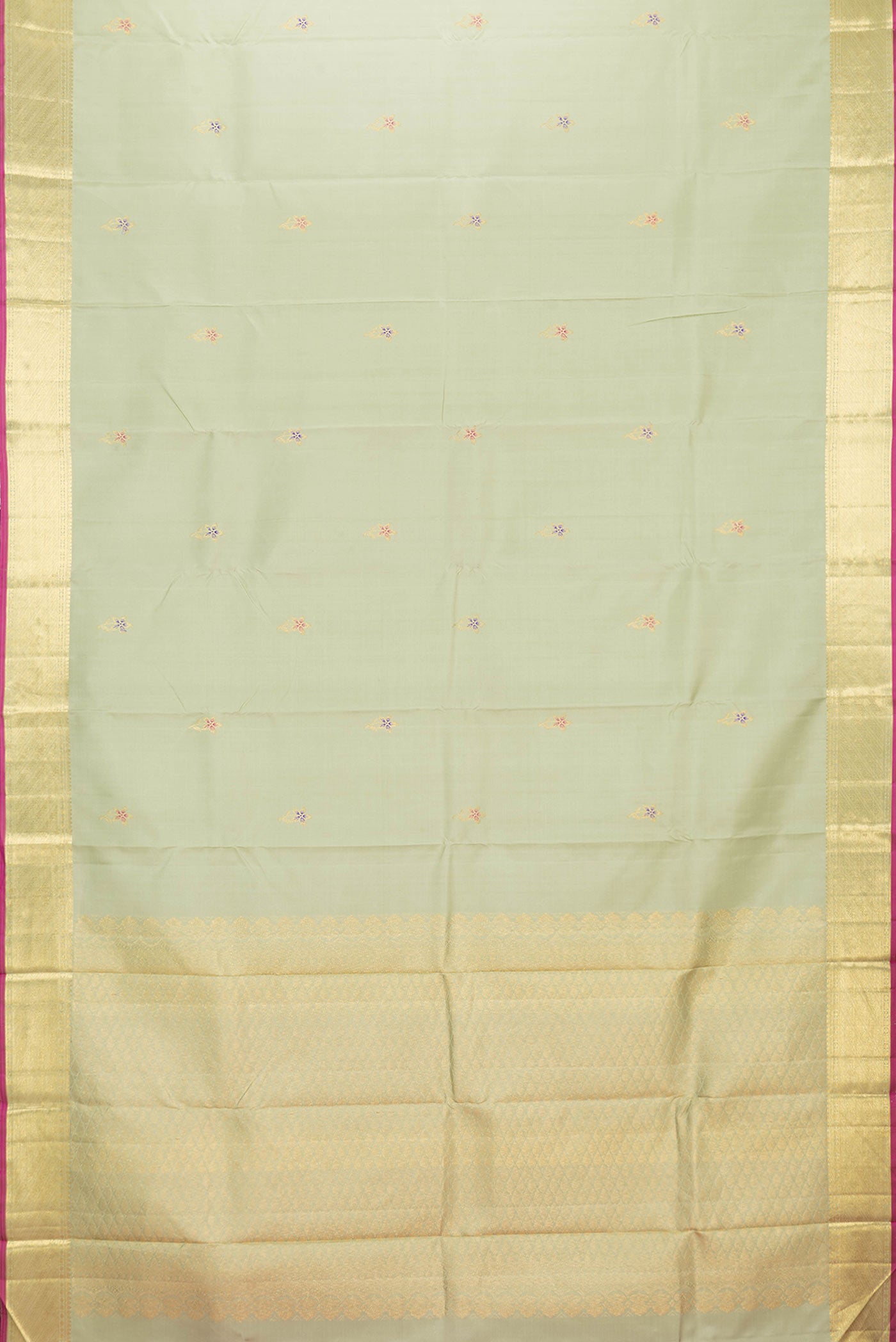 Flat view of Pista Green Dual Tone Kanchipuram Silk Saree with Zari And Thread Butta on the body and Zari Border. 