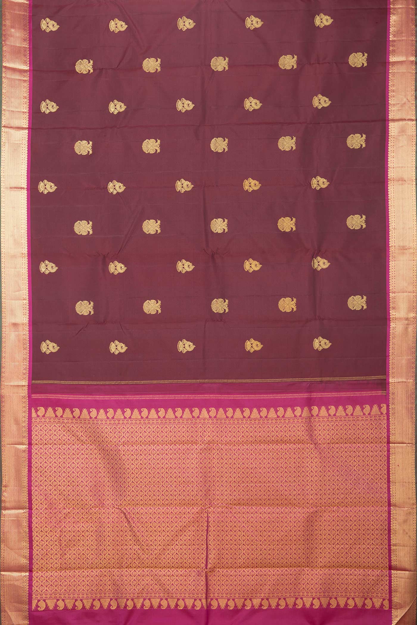 Flat view of Maroon Dual Tone Kanchipuram Silk Saree with Zari Butta on the body and Zari Border