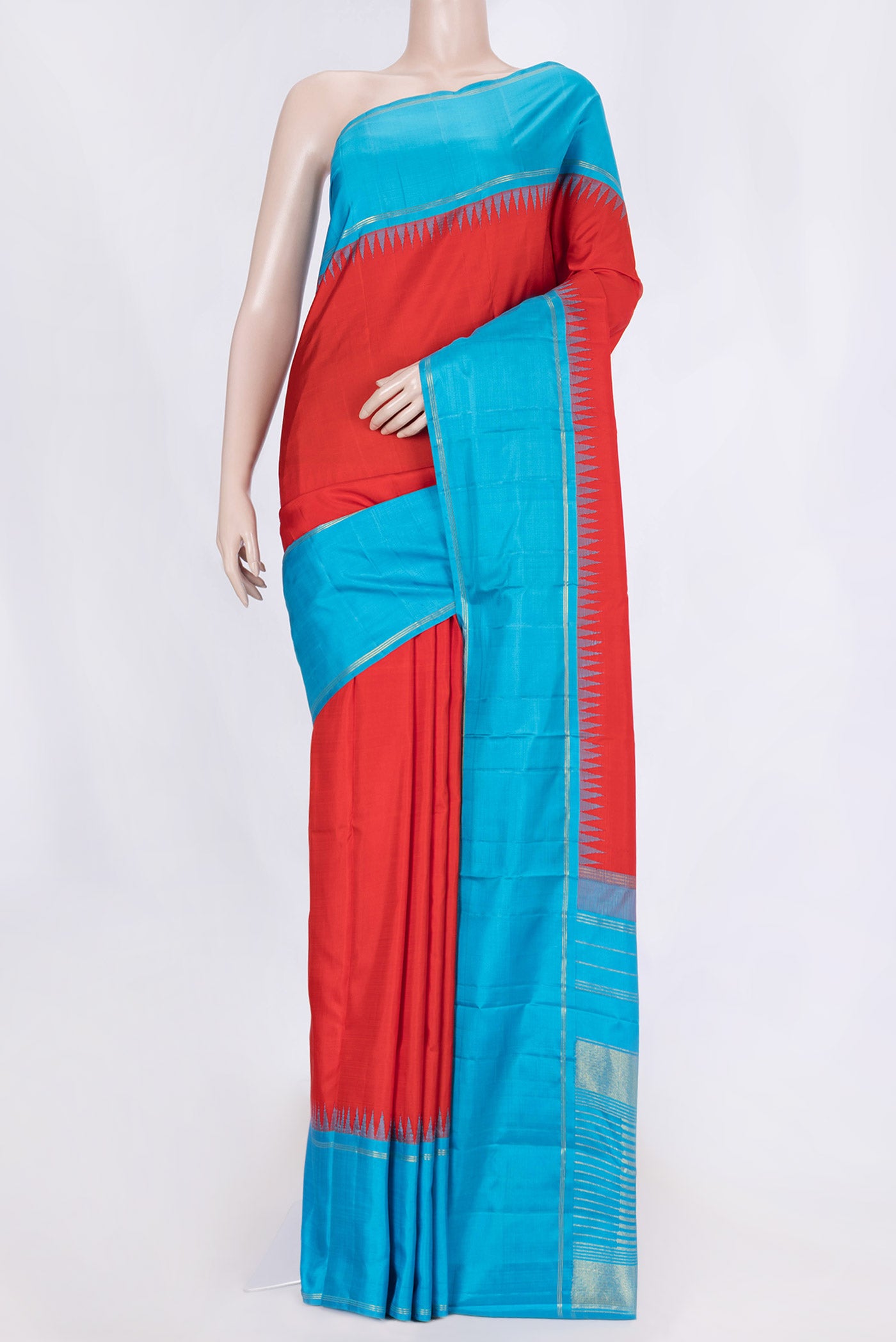 Red Dual Tone Kanchipuram Silk Saree with Plain Body and Zari Border displayed on a mannequin