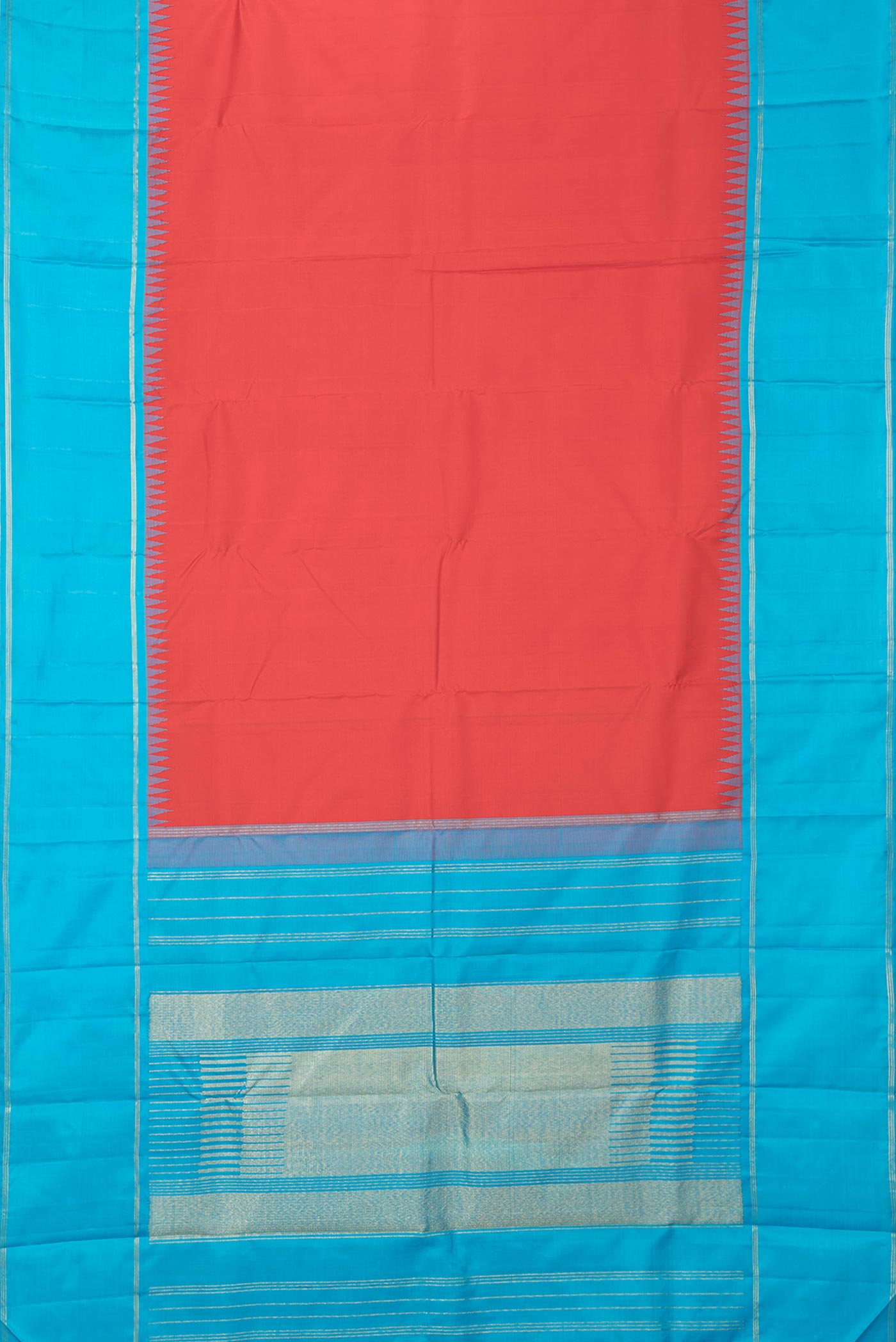 Flat view of Red Dual Tone Kanchipuram Silk Saree with Plain Body and Zari Border