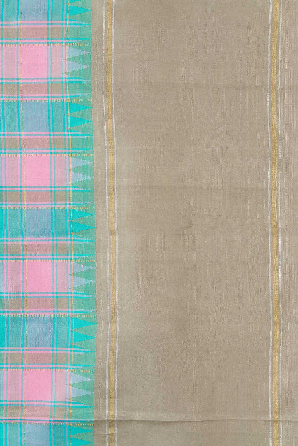 Border image of Pure Silk Pure Zari Sky Blue, Pink and Grey Color Kanchipuram Saree with Checked design on the body and Zari Border