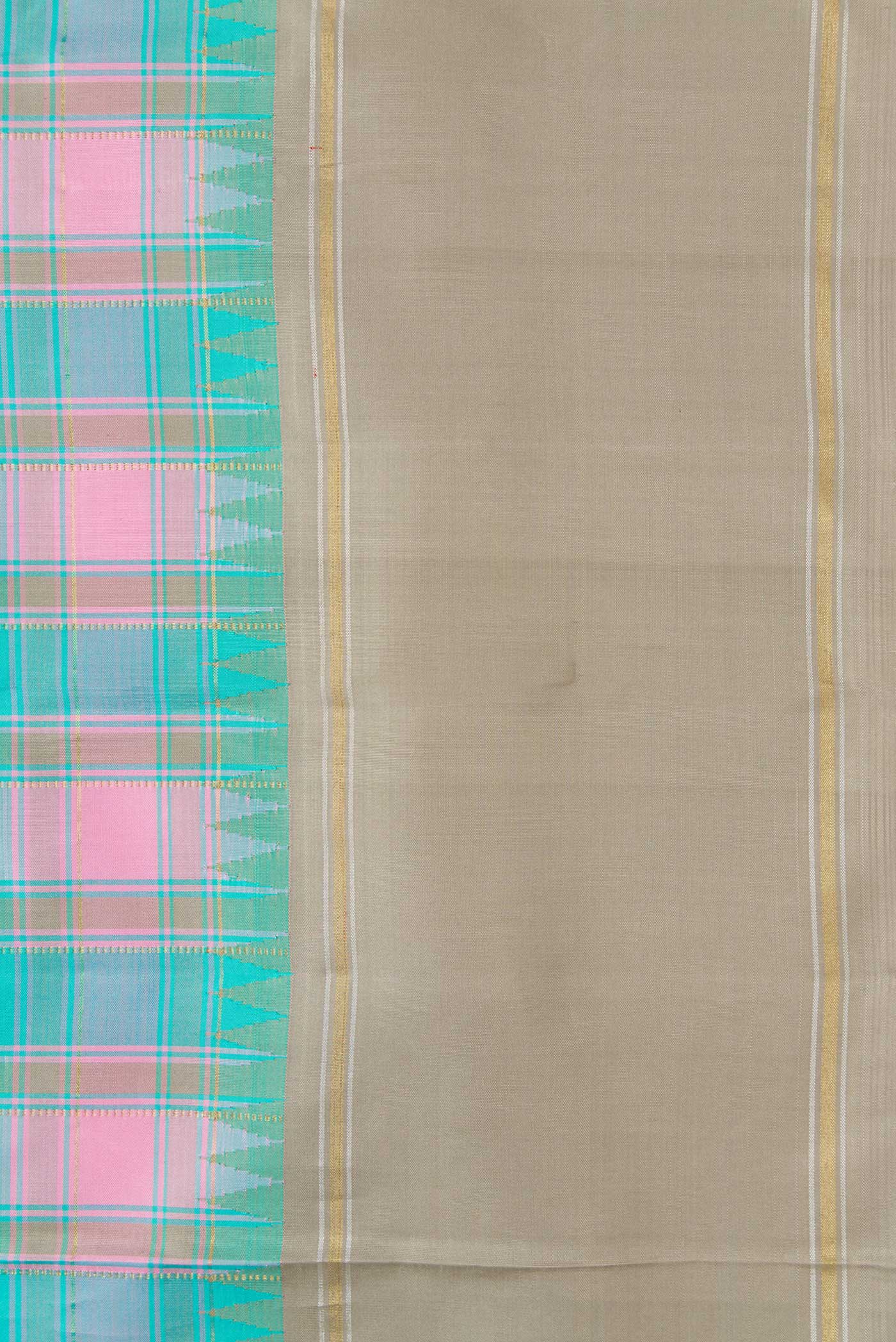 Border image of Pure Silk Pure Zari Sky Blue, Pink and Grey Color Kanchipuram Saree with Checked design on the body and Zari Border