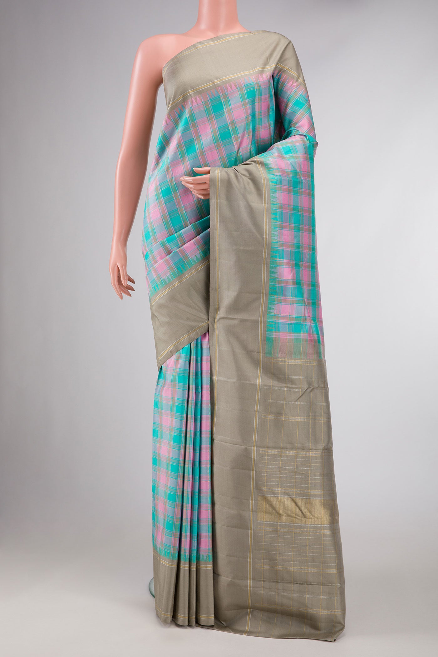 Pure Silk Pure Zari Sky Blue, Pink and Grey Color Kanchipuram Saree with Checked design on the body and Zari Border displayed on a mannequin