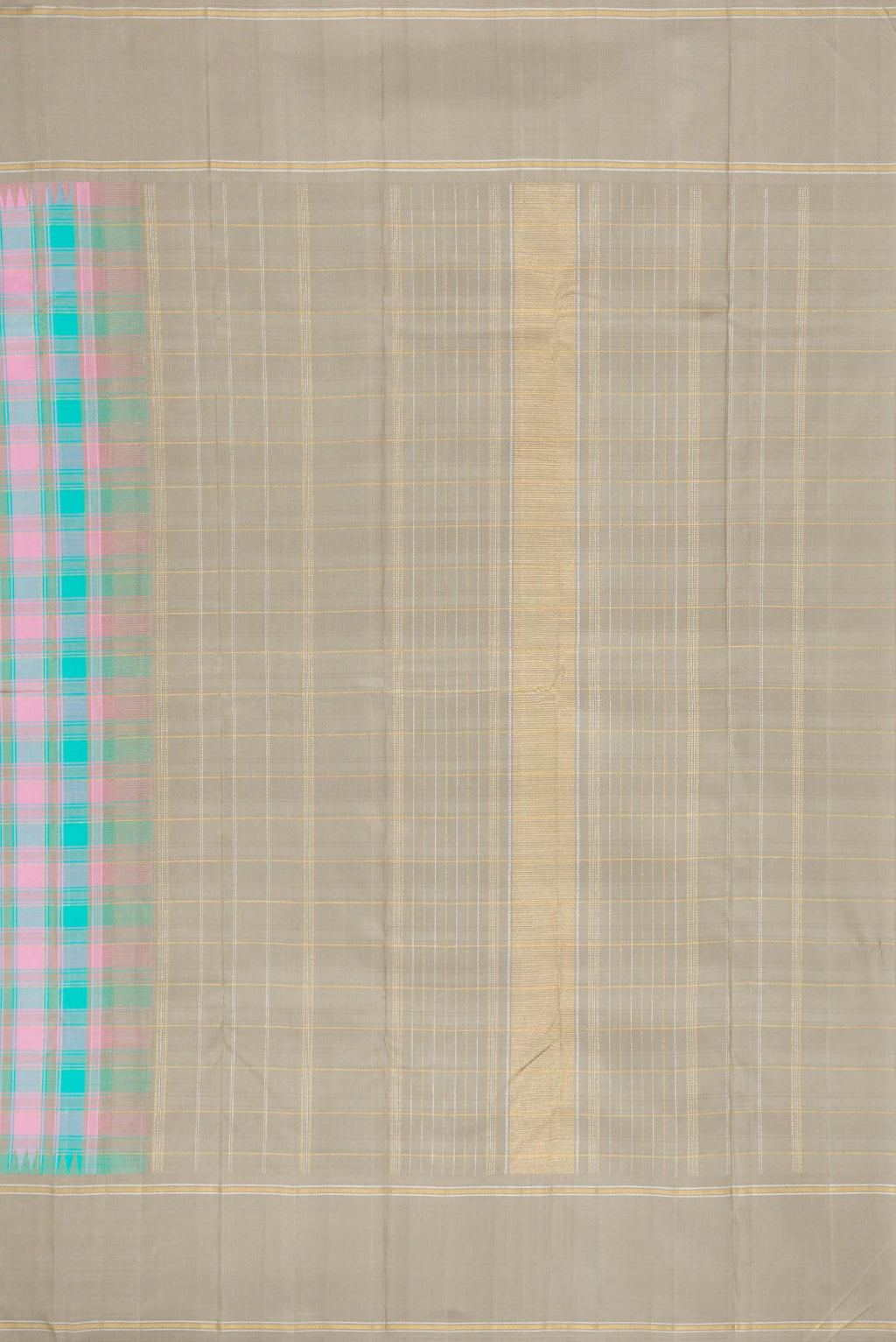 Close up image of the pallu of Pure Silk Pure Zari Sky Blue, Pink and Grey Color Kanchipuram Saree with Checked design on the body and Zari Border