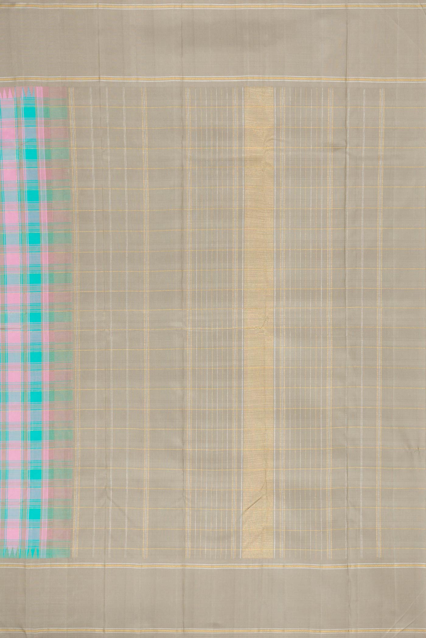 Close up image of the pallu of Pure Silk Pure Zari Sky Blue, Pink and Grey Color Kanchipuram Saree with Checked design on the body and Zari Border