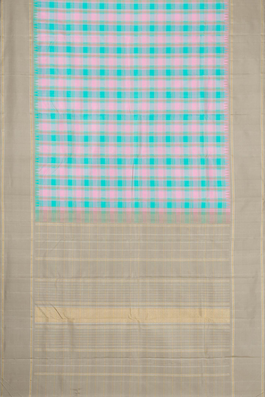 Flat view of Pure Silk Pure Zari Sky Blue, Pink and Grey Color Kanchipuram Saree with Checked design on the body and Zari Border