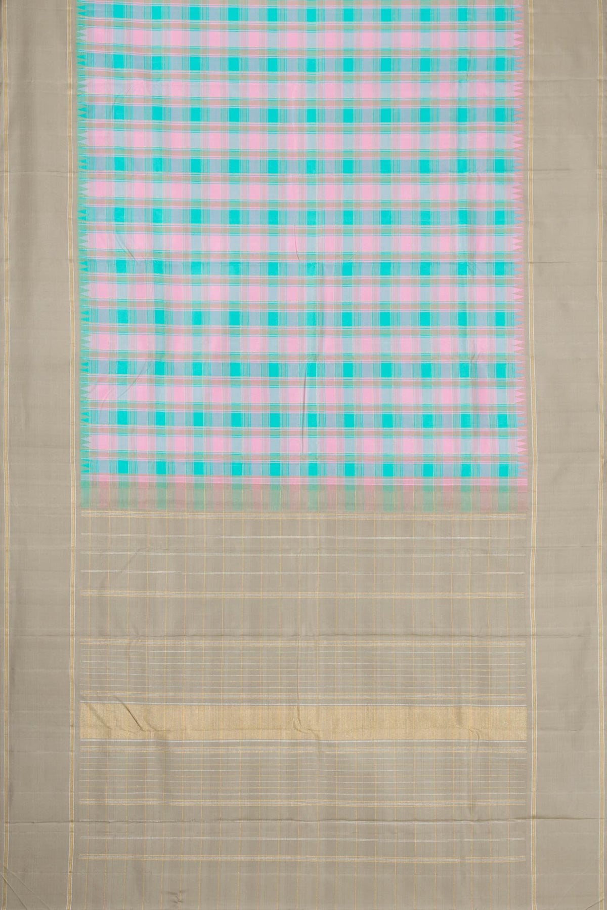 Flat view of Pure Silk Pure Zari Sky Blue, Pink and Grey Color Kanchipuram Saree with Checked design on the body and Zari Border