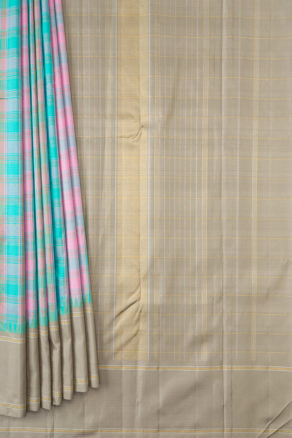 Pleats and pallu of Pure Silk Pure Zari Sky Blue, Pink and Grey Color Kanchipuram Saree with Checked design on the body and Zari Border