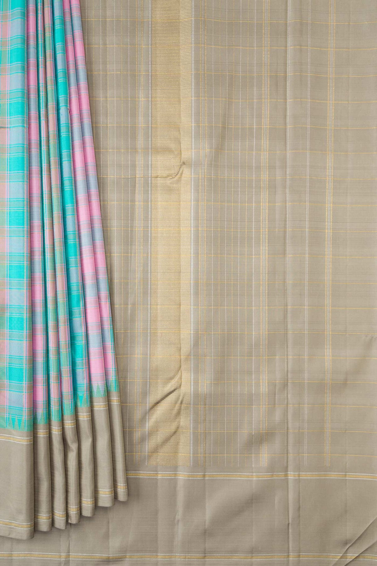 Pleats and pallu of Pure Silk Pure Zari Sky Blue, Pink and Grey Color Kanchipuram Saree with Checked design on the body and Zari Border