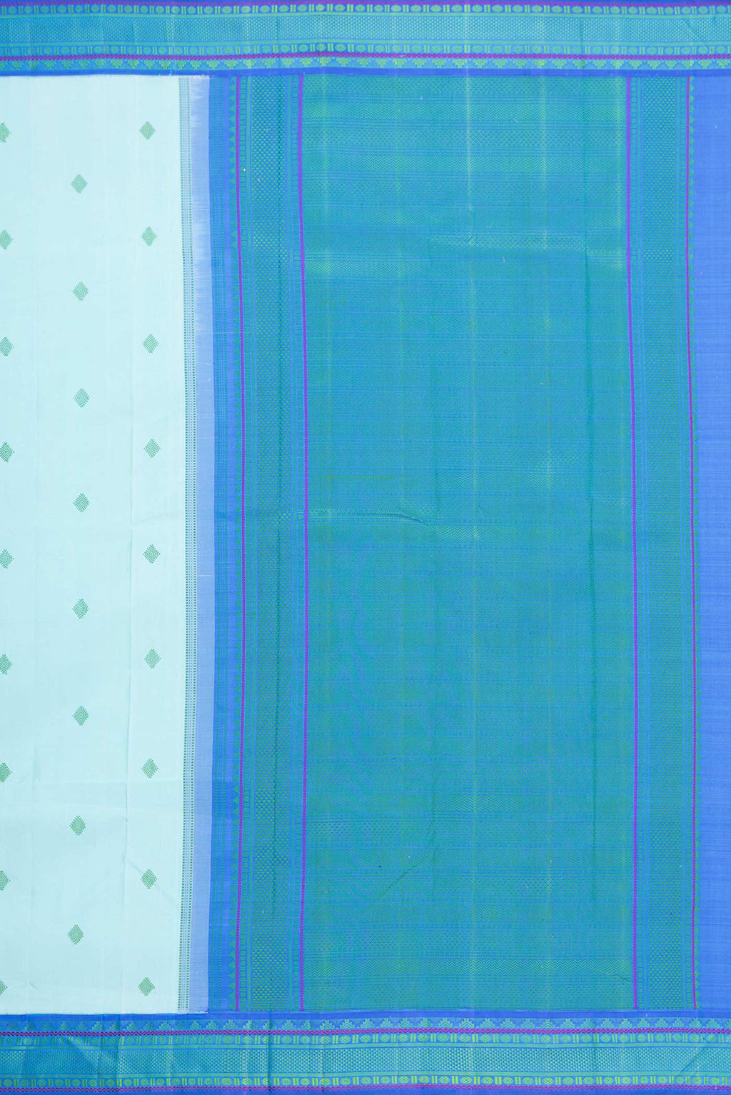 Close up image of the pallu of Sky Blue Dual Tone Kanjivaram Saree with Thread Butta on the body and Thread Border. 