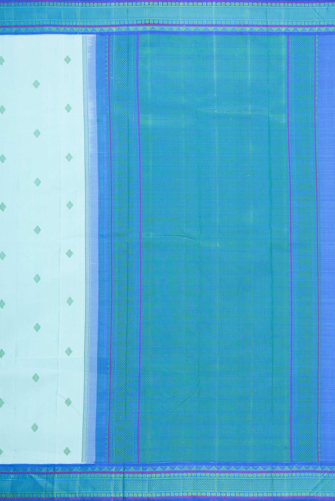 Close up image of the pallu of Sky Blue Dual Tone Kanjivaram Saree with Thread Butta on the body and Thread Border. 