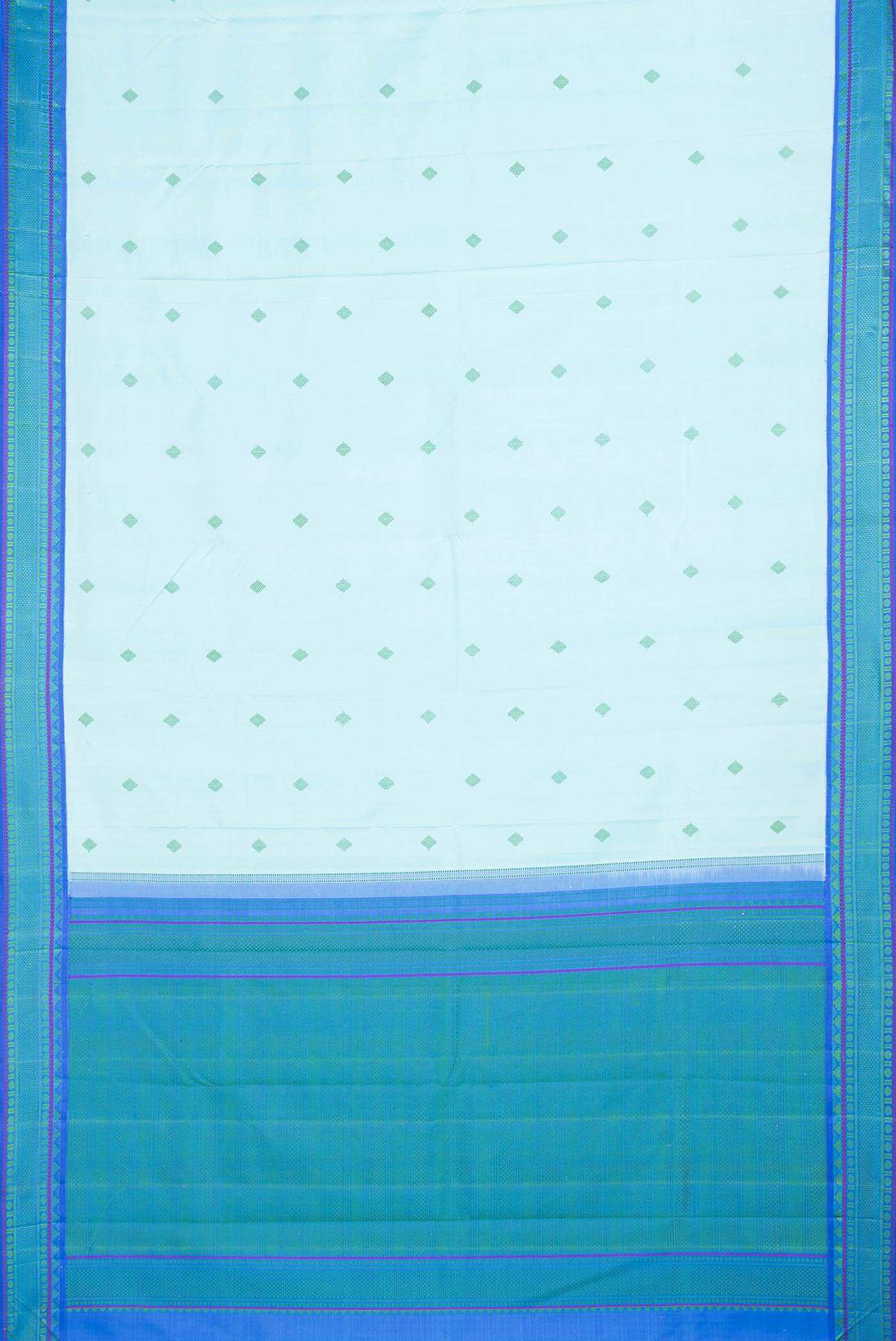 Flat view of Sky Blue Dual Tone Kanjivaram Saree with Thread Butta on the body and Thread Border. 