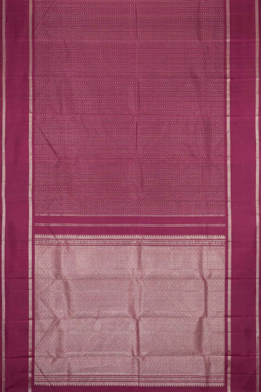 Flat view of Maroon Dual Tone Kanchipuram Silk Saree with Stripes on the body and Zari Border