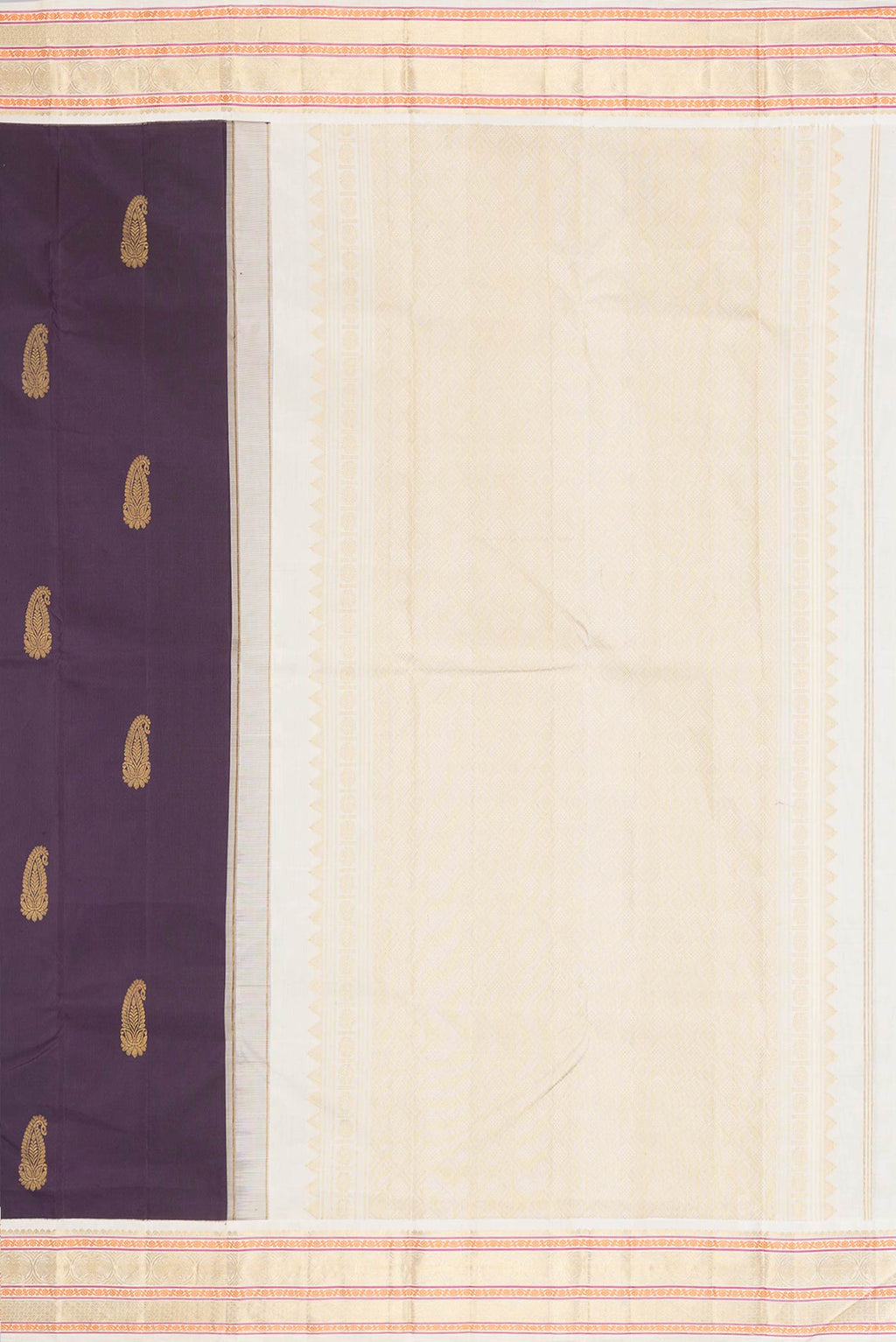 Close up image of the pallu of Burgundy Dual Tone Kanchipuram Silk Saree with Zari Butta on the body and Zari Border