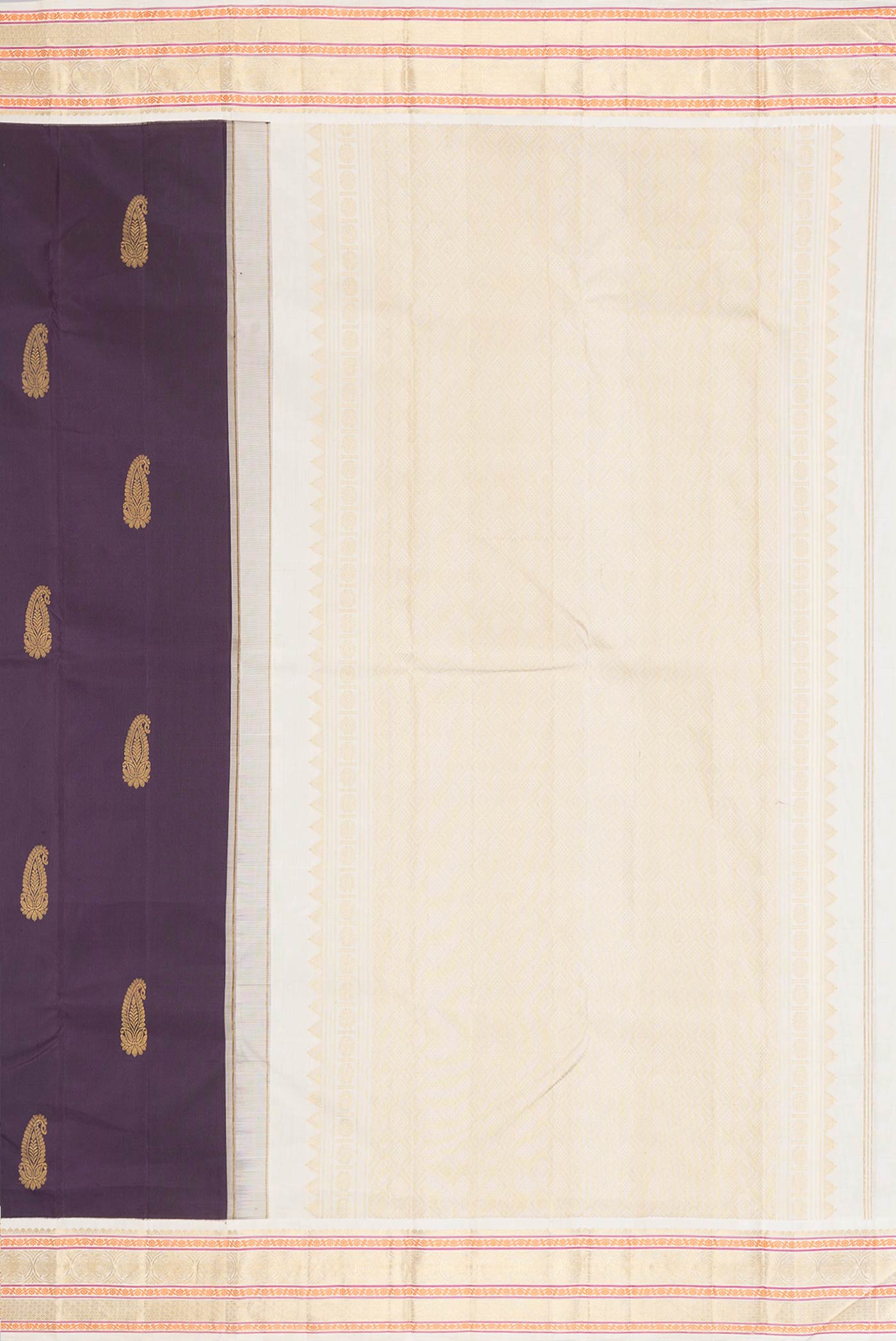 Close up image of the pallu of Burgundy Dual Tone Kanchipuram Silk Saree with Zari Butta on the body and Zari Border