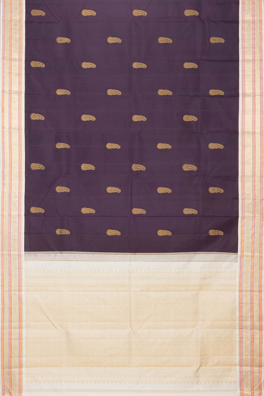 Flat view of Burgundy Dual Tone Kanchipuram Silk Saree with Zari Butta on the body and Zari Border