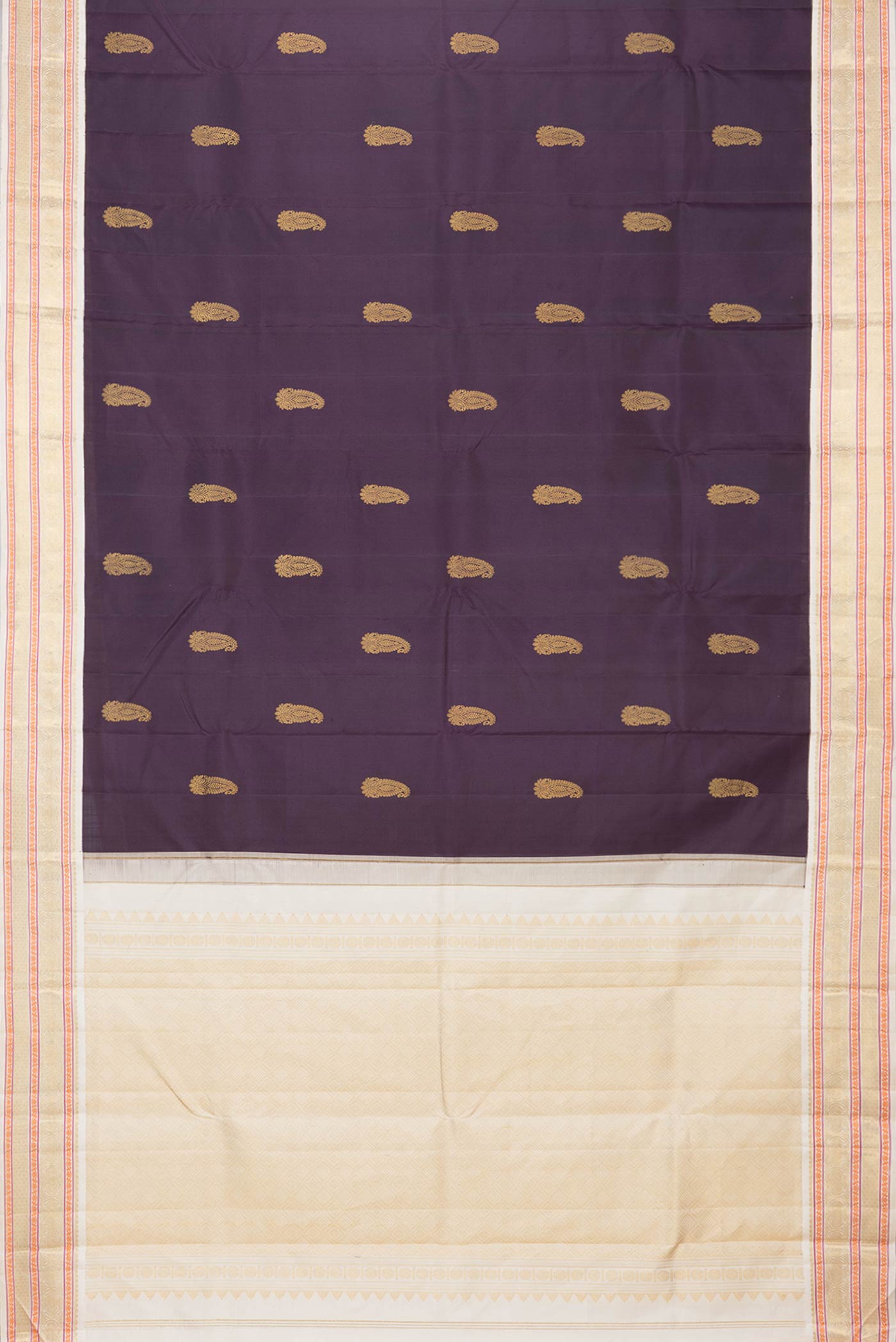 Flat view of Burgundy Dual Tone Kanchipuram Silk Saree with Zari Butta on the body and Zari Border