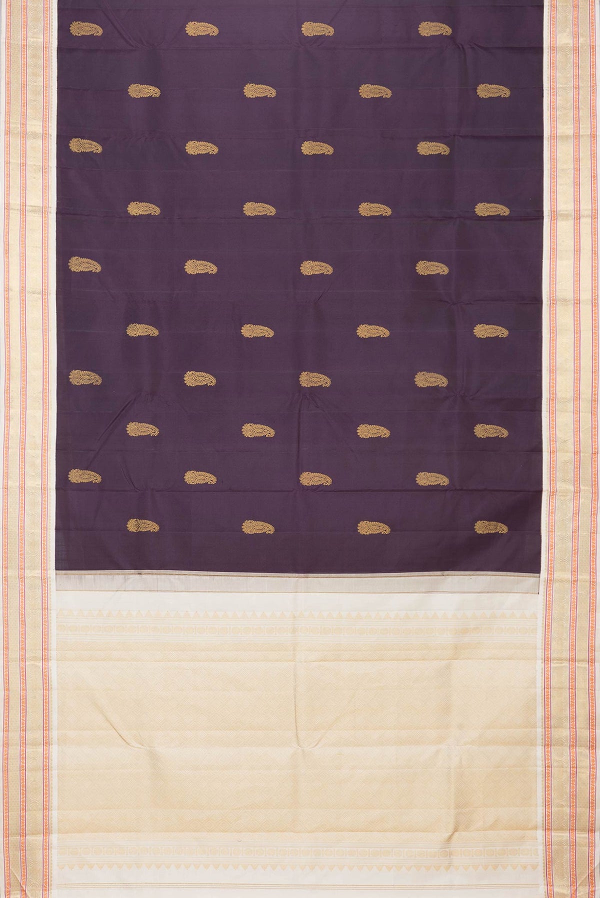 Flat view of Burgundy Dual Tone Kanchipuram Silk Saree with Zari Butta on the body and Zari Border