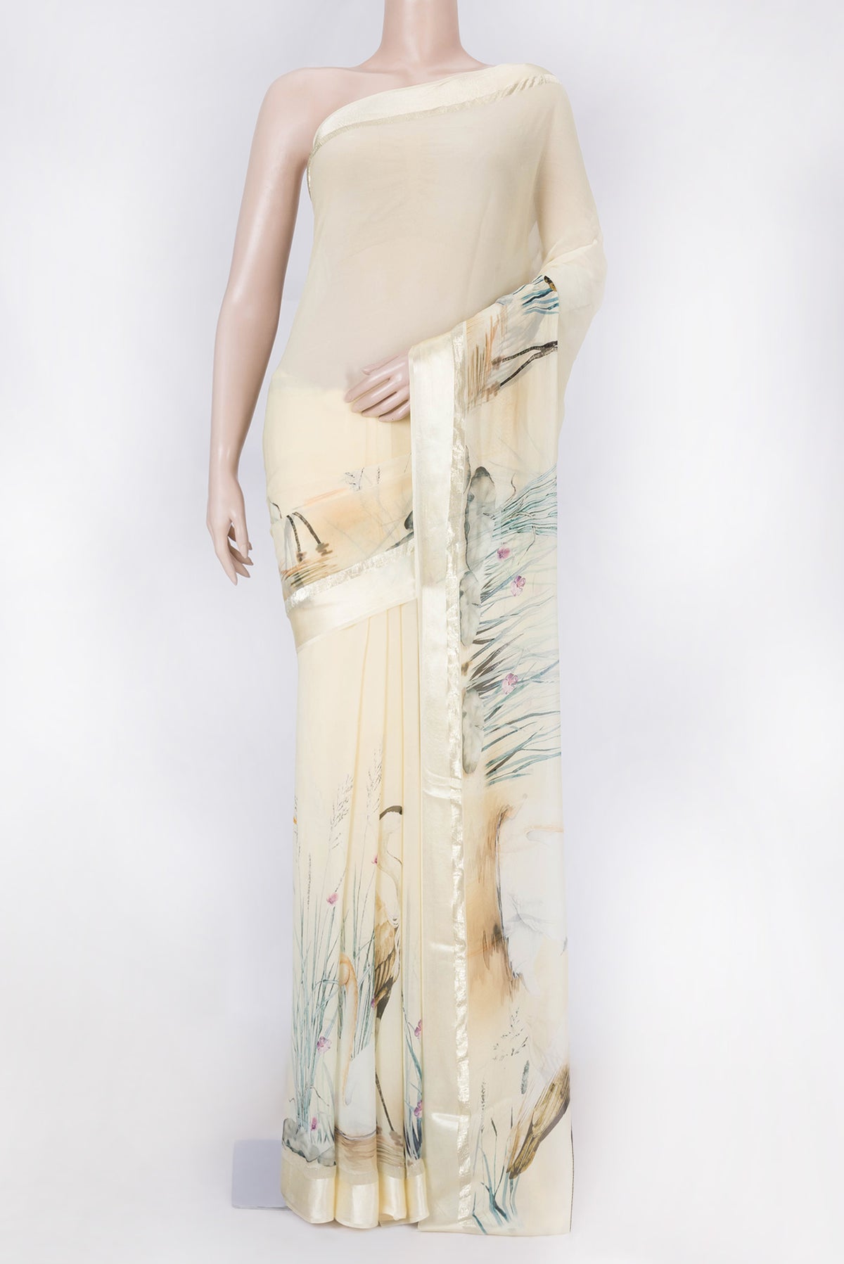 Sandal Dual Tone Georgette Saree with Printed design on the body and Zari Border displayed on a mannequin