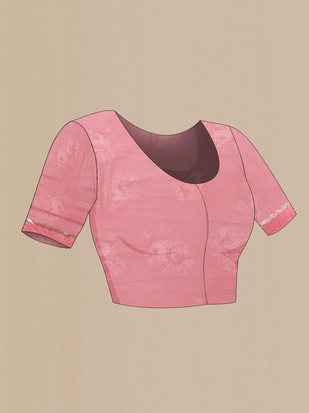 Close up image of the blouse of Pink Dual Tone Georgette Saree with Printed design on the body and Zari Border. 