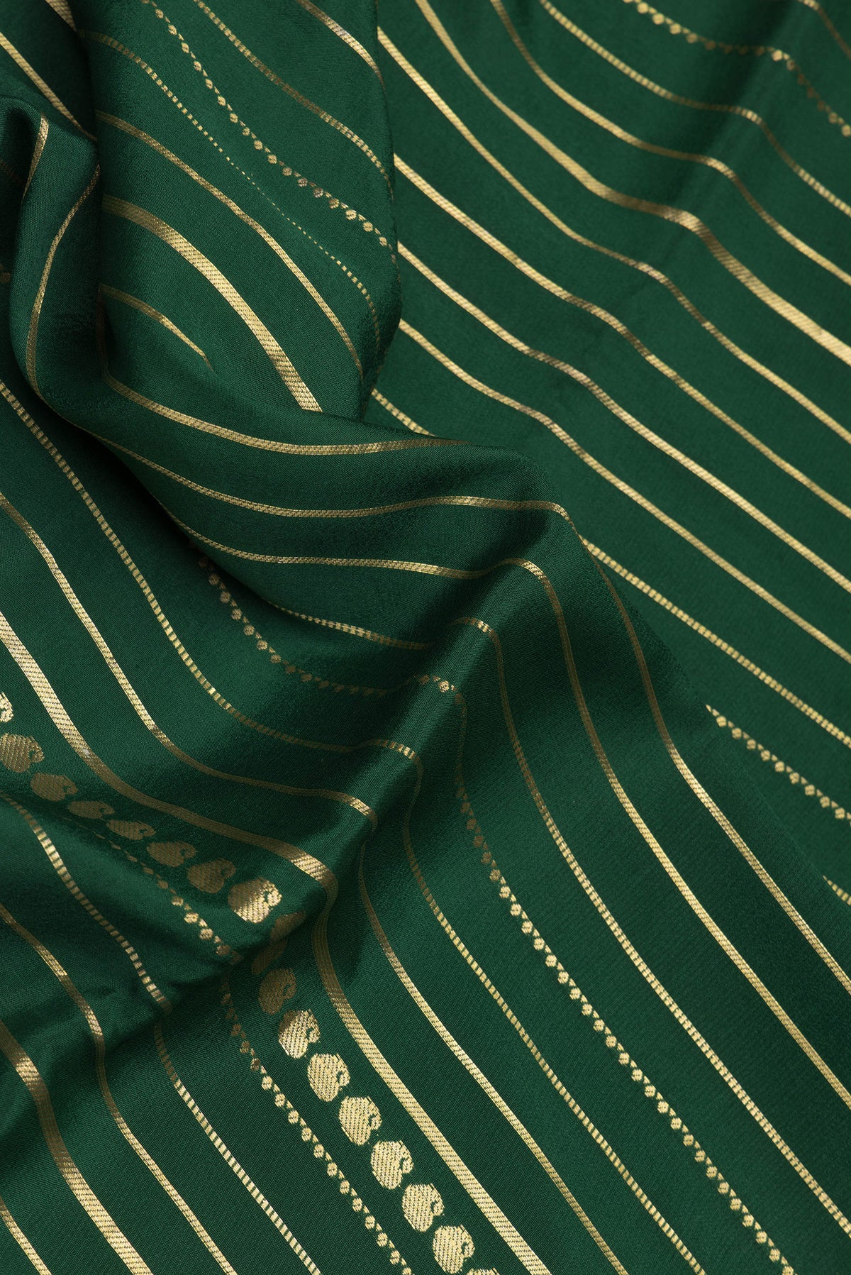 Close up of Bottle Green Dual Tone Mysore Silk Saree with Stripes on the body and Zari Border.  displaying folds