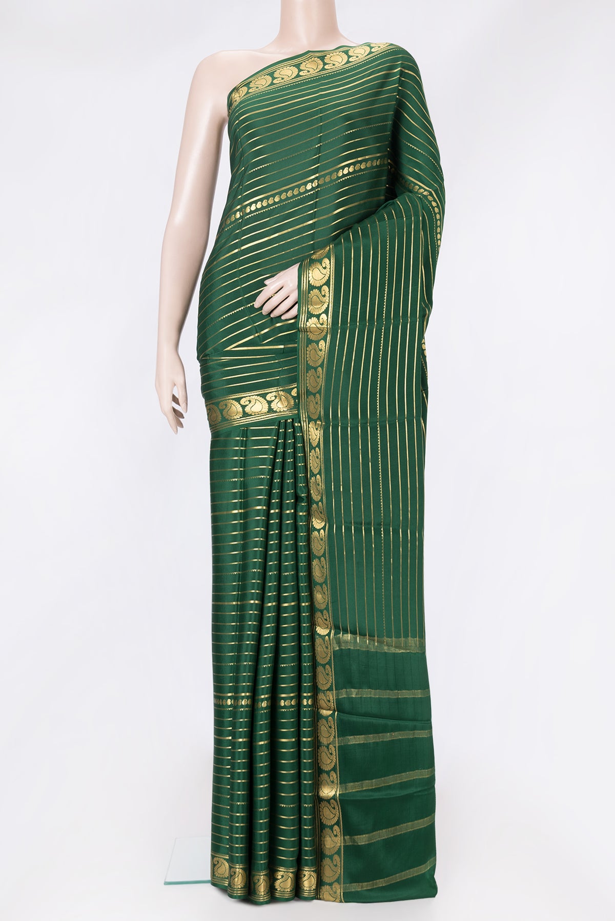 Bottle Green Dual Tone Mysore Silk Saree with Stripes on the body and Zari Border.  displayed on a mannequin
