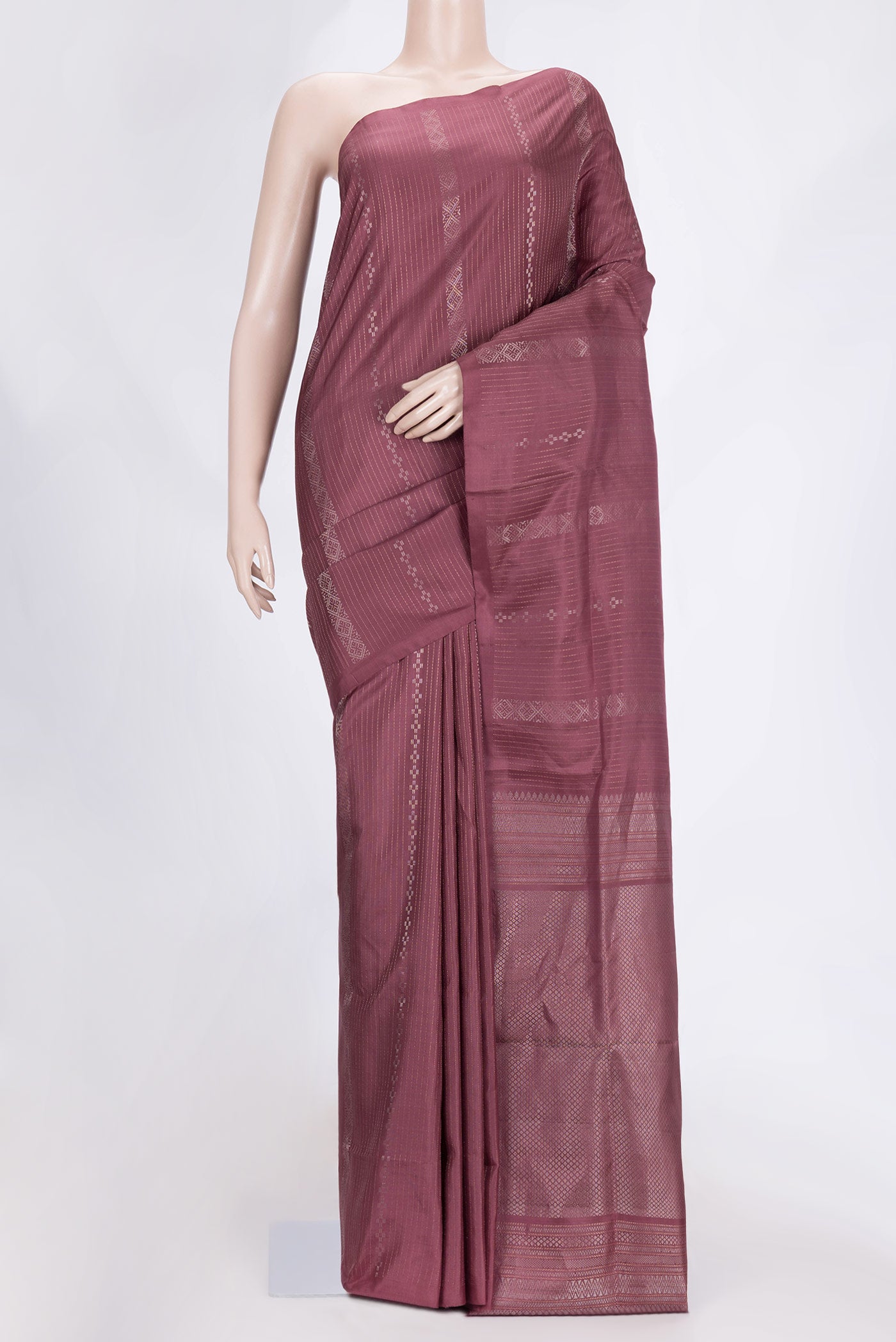Maroon Dual Tone Soft Silk Saree with Stripes on the body and Without Border.  displayed on a mannequin