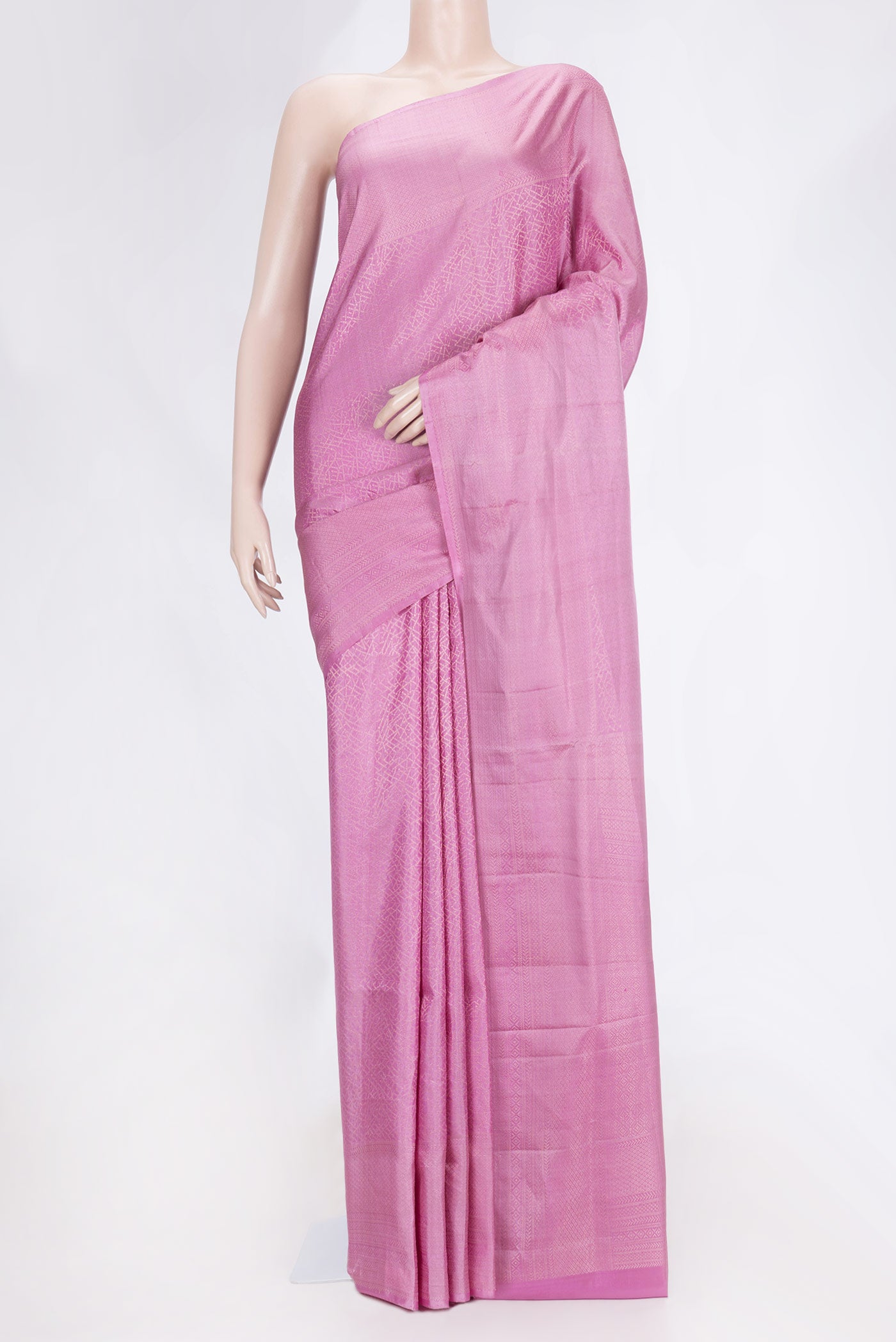 Pink Dual Tone Soft Silk Saree with Zari Brocade on the body and Zari Border.  displayed on a mannequin